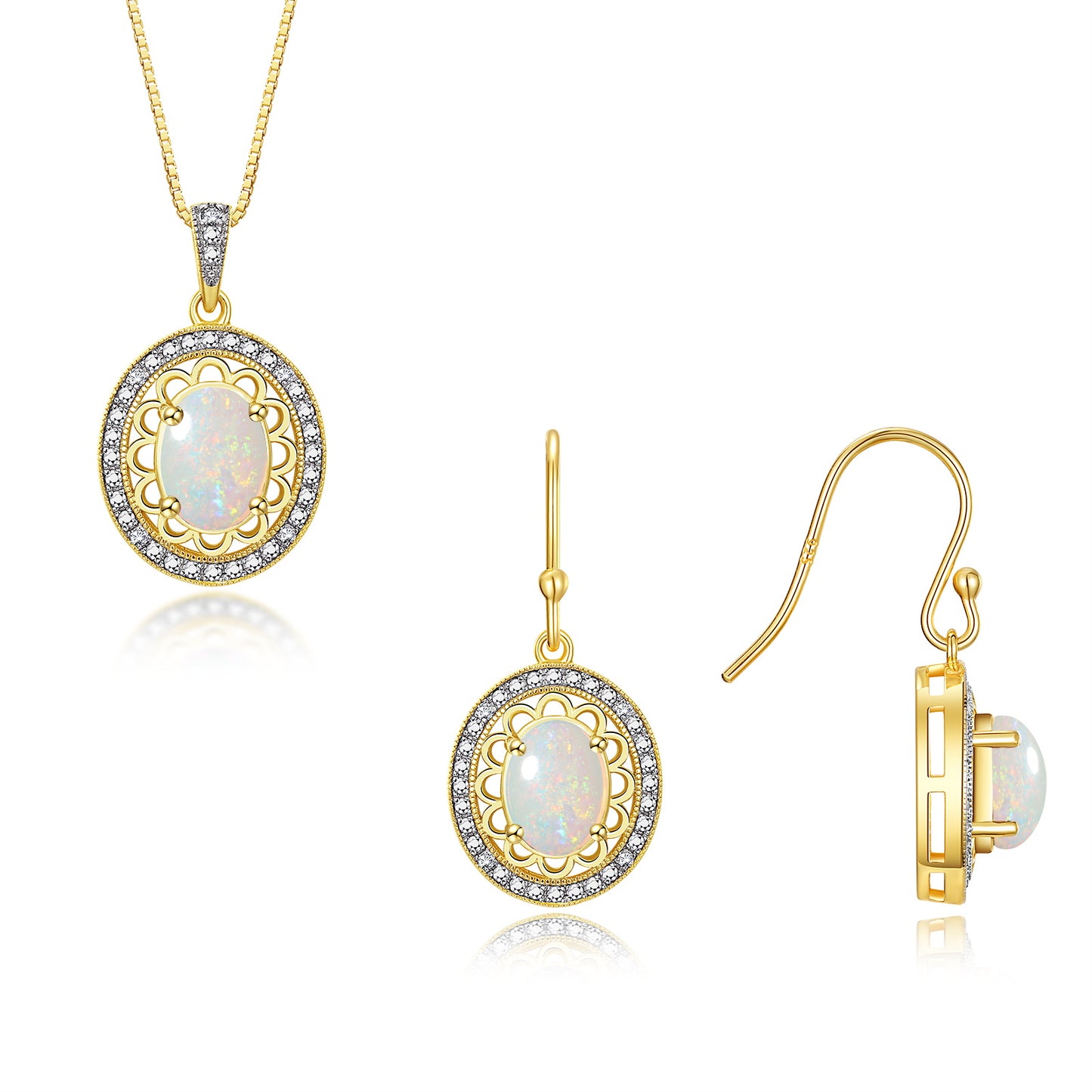 RYLOS Matching Jewelry Set Yellow Gold Plated Silver Princess Diana Inspired: Earrings & Pendant Necklace with 18" Chain. Gemstone & Diamonds, 8X6MM Birthstone