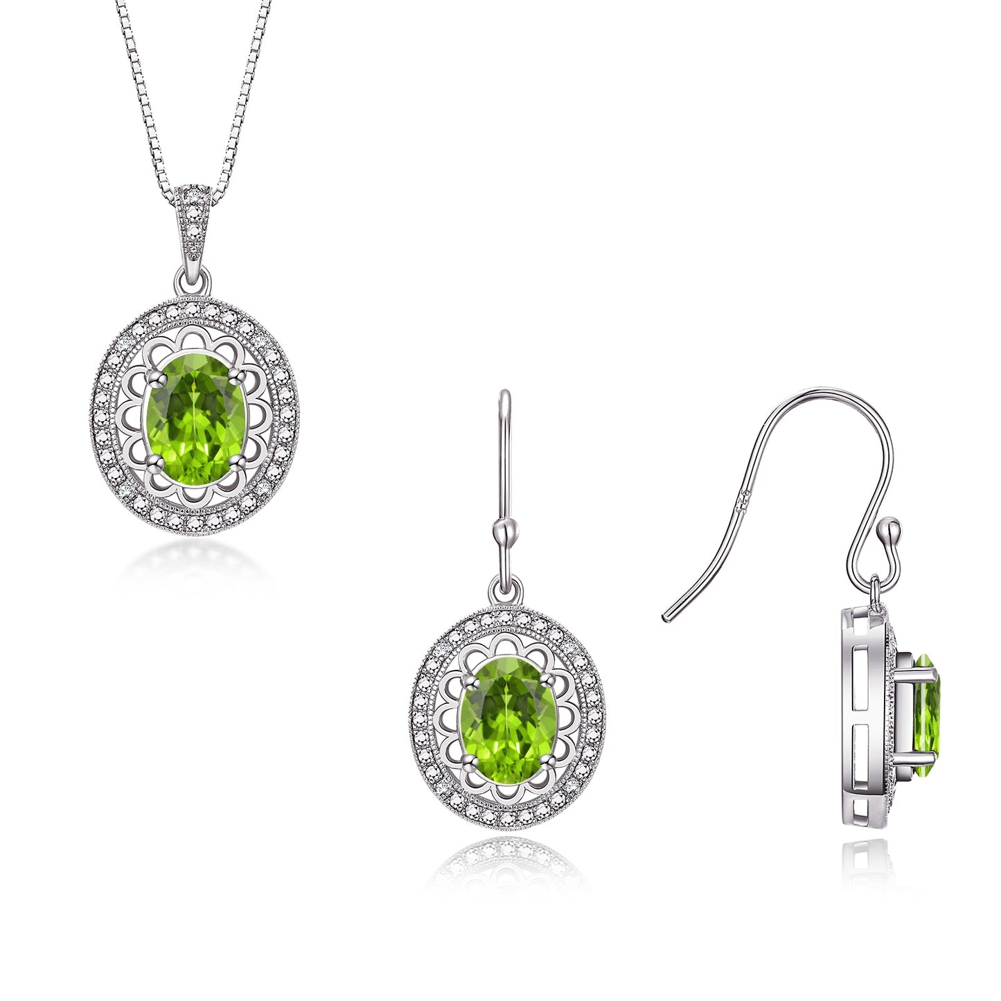 RYLOS Matching Jewelry Set Sterling Silver Princess Diana Inspired: Earrings & Pendant Necklace with 18" Chain. Gemstone & Diamonds, 8X6MM Birthstone
