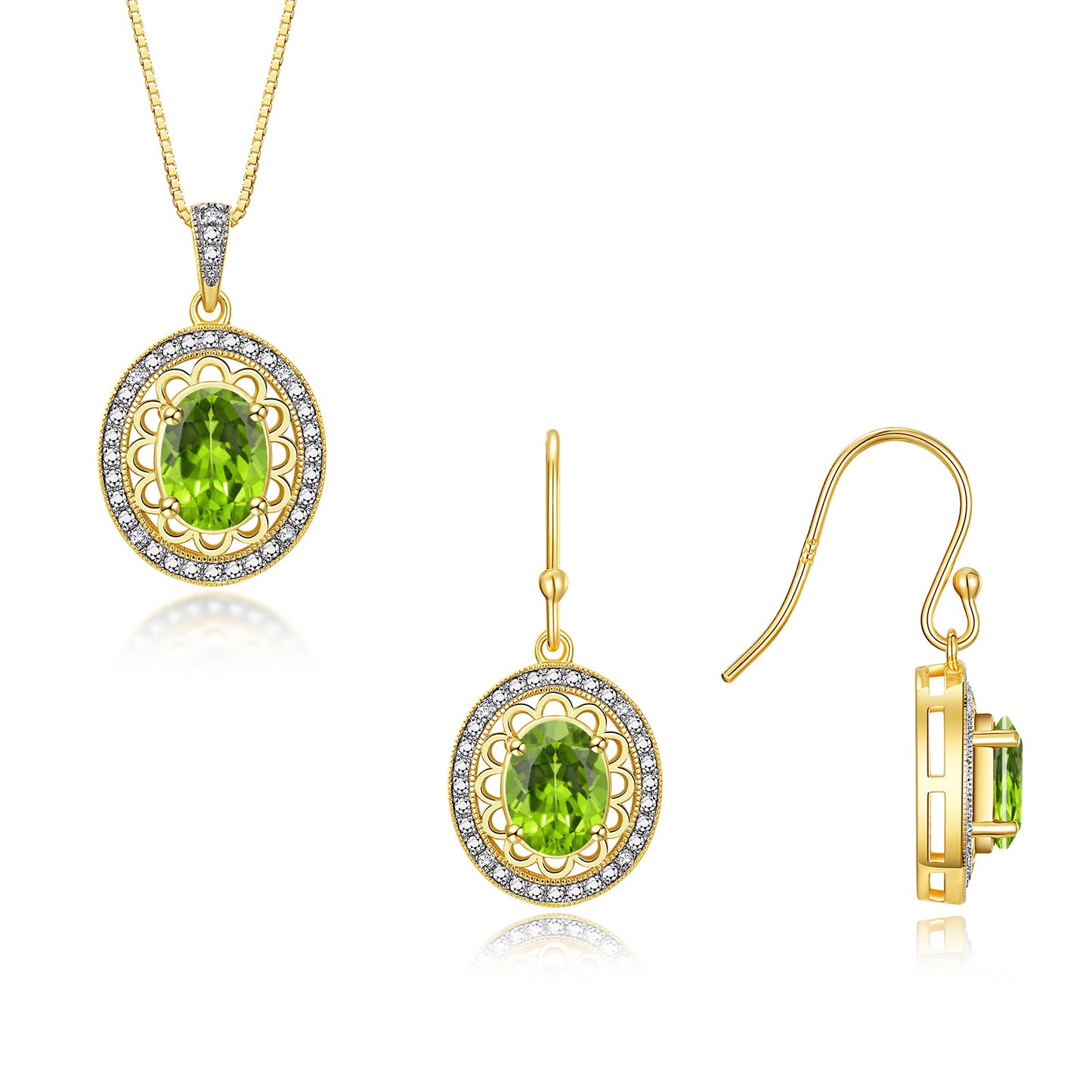 RYLOS Matching Jewelry Set 14K Yellow Gold Princess Diana Inspired: Earrings & Pendant Necklace with 18" Chain. Gemstone & Diamonds, 8X6MM Birthstone