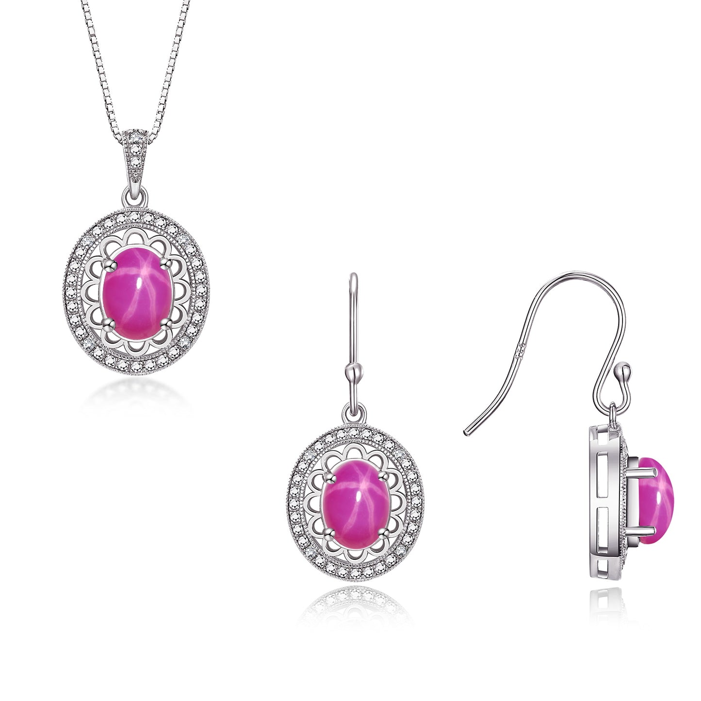 RYLOS Matching Jewelry Set 14K White Gold Princess Diana Inspired: Earrings & Pendant Necklace with 18" Chain. Gemstone & Diamonds, 8X6MM Birthstone