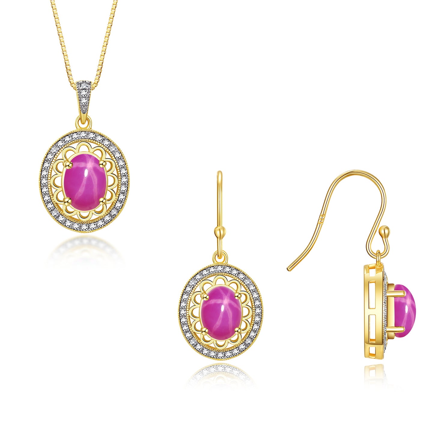 RYLOS Matching Jewelry Set Yellow Gold Plated Silver Princess Diana Inspired: Earrings & Pendant Necklace with 18" Chain. Gemstone & Diamonds, 8X6MM Birthstone