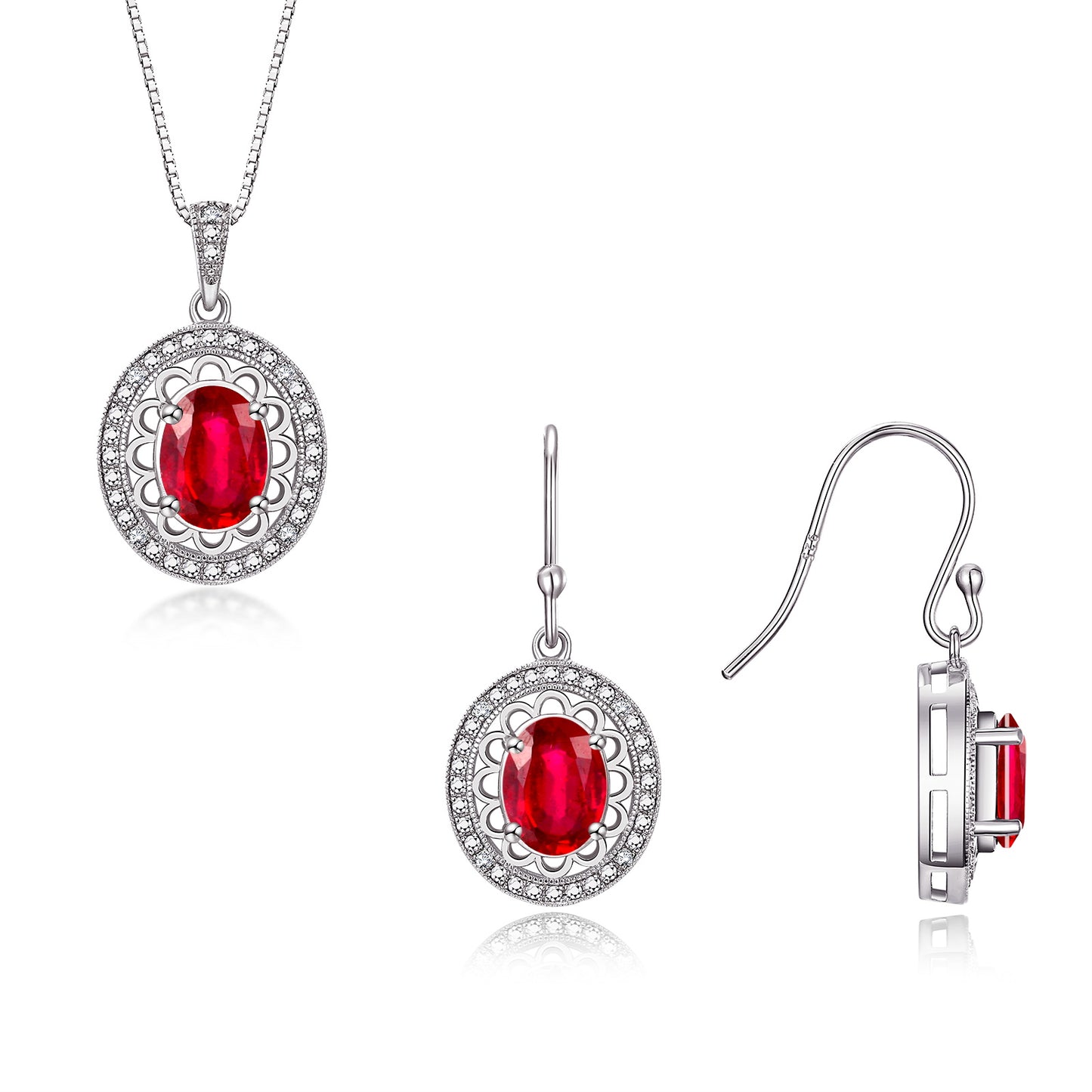 RYLOS Matching Jewelry Set Sterling Silver Princess Diana Inspired: Earrings & Pendant Necklace with 18" Chain. Gemstone & Diamonds, 8X6MM Birthstone
