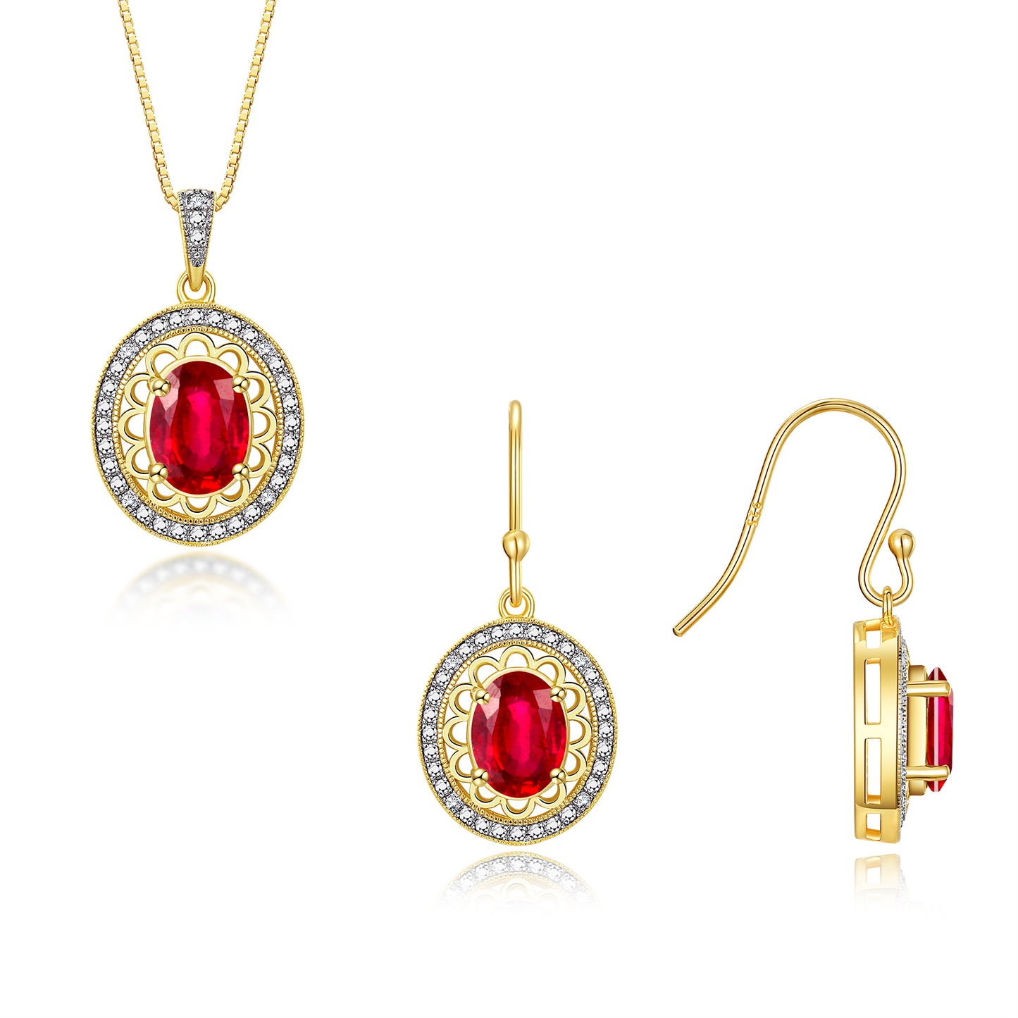 RYLOS Matching Jewelry Set 14K Yellow Gold Princess Diana Inspired: Earrings & Pendant Necklace with 18" Chain. Gemstone & Diamonds, 8X6MM Birthstone
