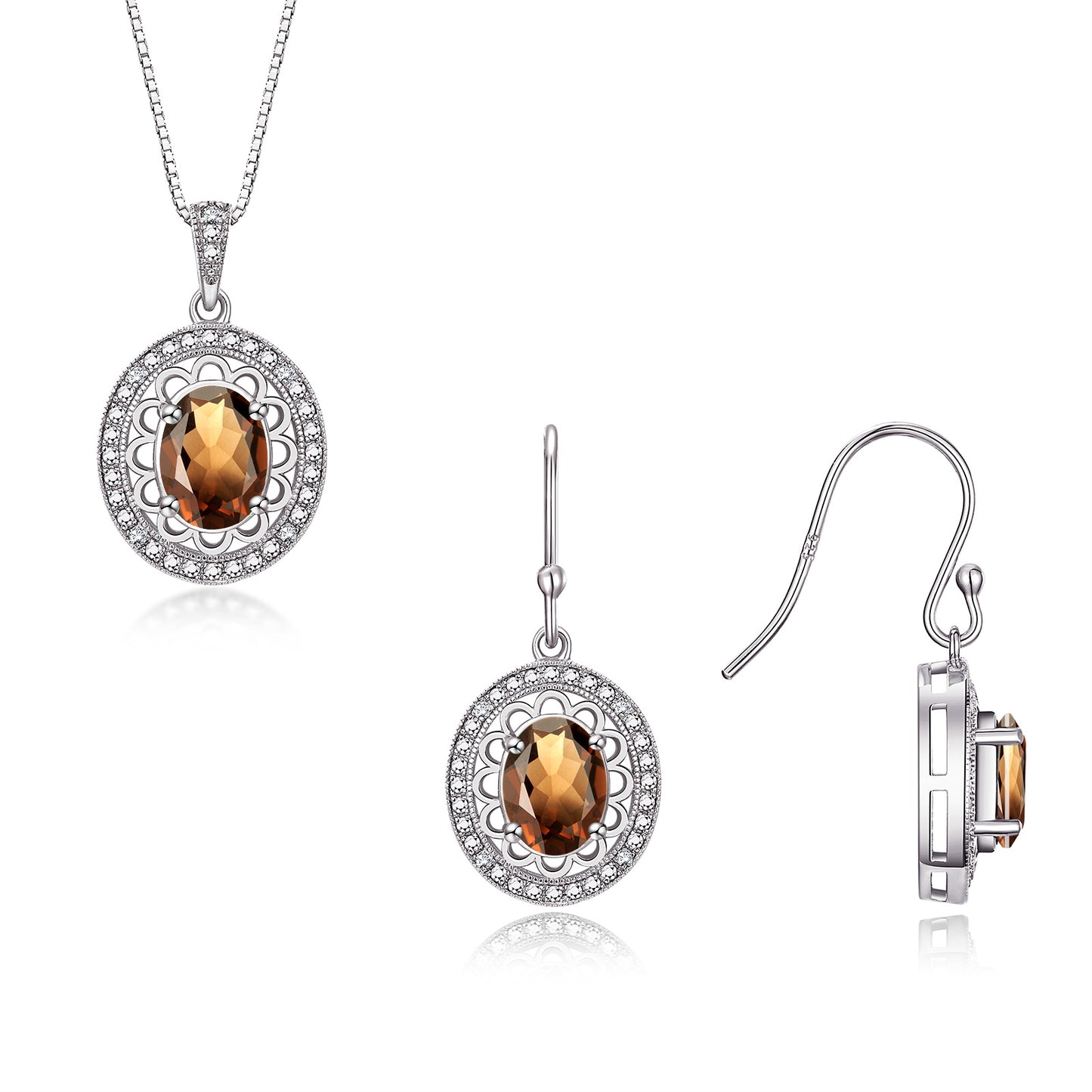 RYLOS Matching Jewelry Set 14K White Gold Princess Diana Inspired: Earrings & Pendant Necklace with 18" Chain. Gemstone & Diamonds, 8X6MM Birthstone