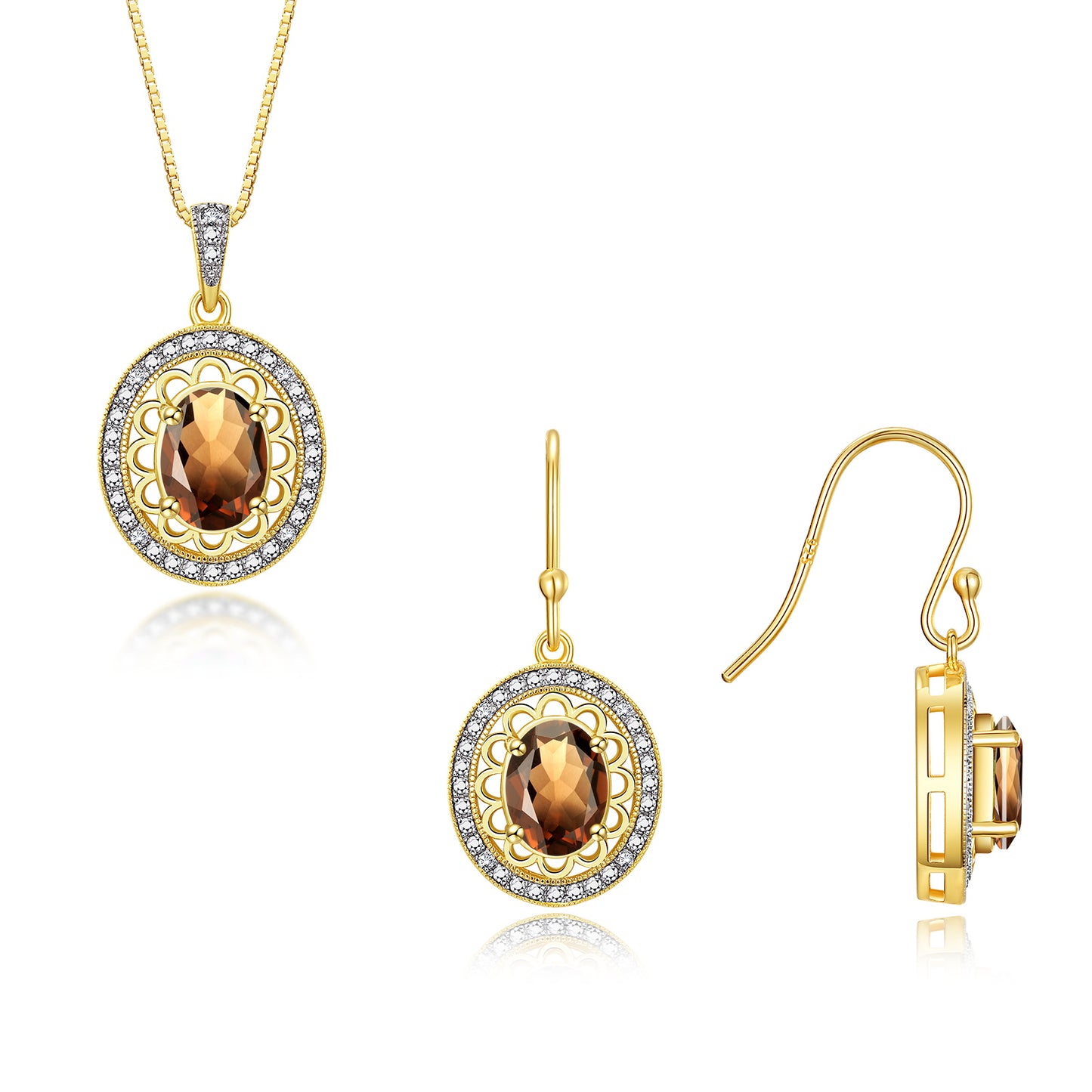 RYLOS Matching Jewelry Set Yellow Gold Plated Silver Princess Diana Inspired: Earrings & Pendant Necklace with 18" Chain. Gemstone & Diamonds, 8X6MM Birthstone