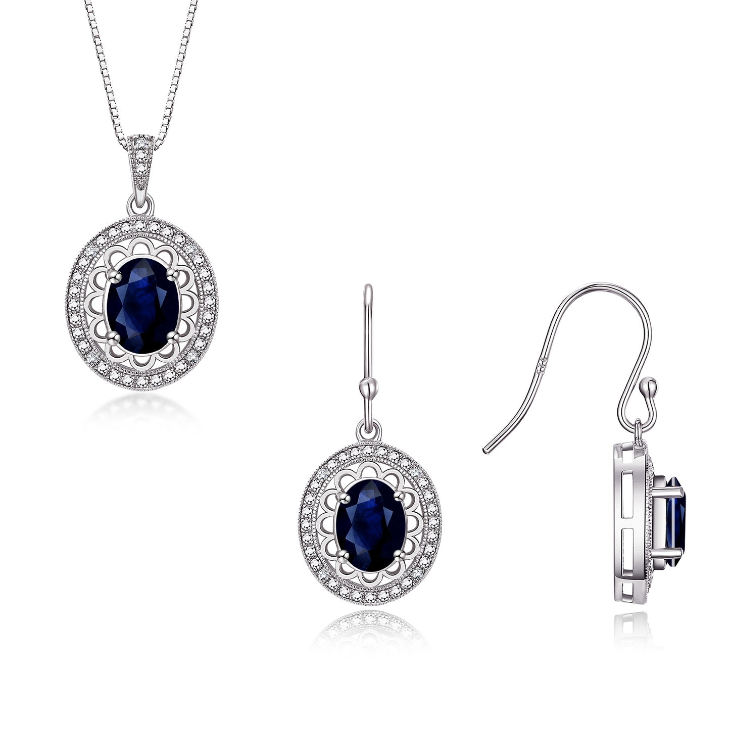 RYLOS Matching Jewelry Set 14K White Gold Princess Diana Inspired: Earrings & Pendant Necklace with 18" Chain. Gemstone & Diamonds, 8X6MM Birthstone