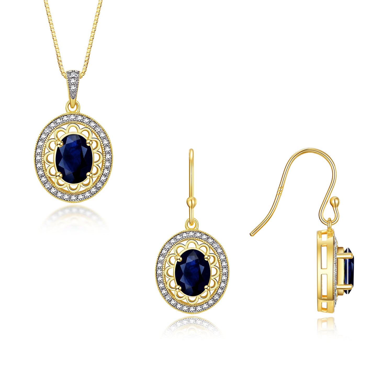 RYLOS Matching Jewelry Set Yellow Gold Plated Silver Princess Diana Inspired: Earrings & Pendant Necklace with 18" Chain. Gemstone & Diamonds, 8X6MM Birthstone