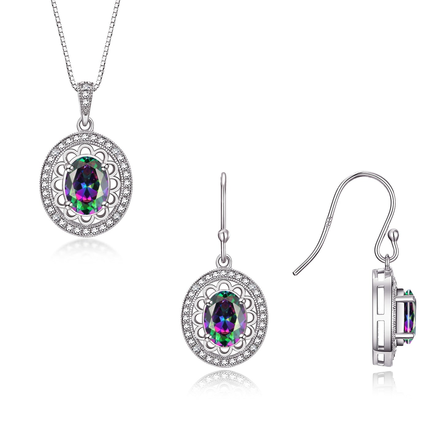 RYLOS Matching Jewelry Set 14K White Gold Princess Diana Inspired: Earrings & Pendant Necklace with 18" Chain. Gemstone & Diamonds, 8X6MM Birthstone