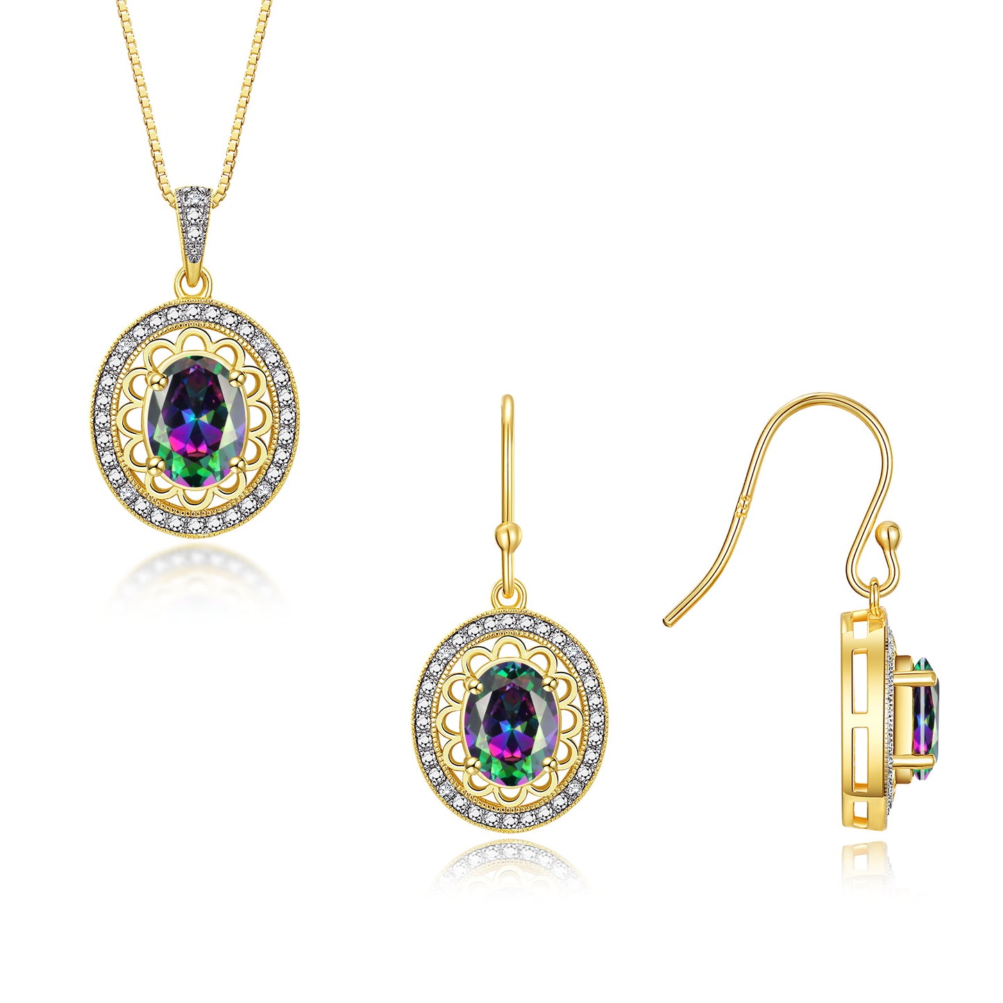 RYLOS Matching Jewelry Set Yellow Gold Plated Silver Princess Diana Inspired: Earrings & Pendant Necklace with 18" Chain. Gemstone & Diamonds, 8X6MM Birthstone
