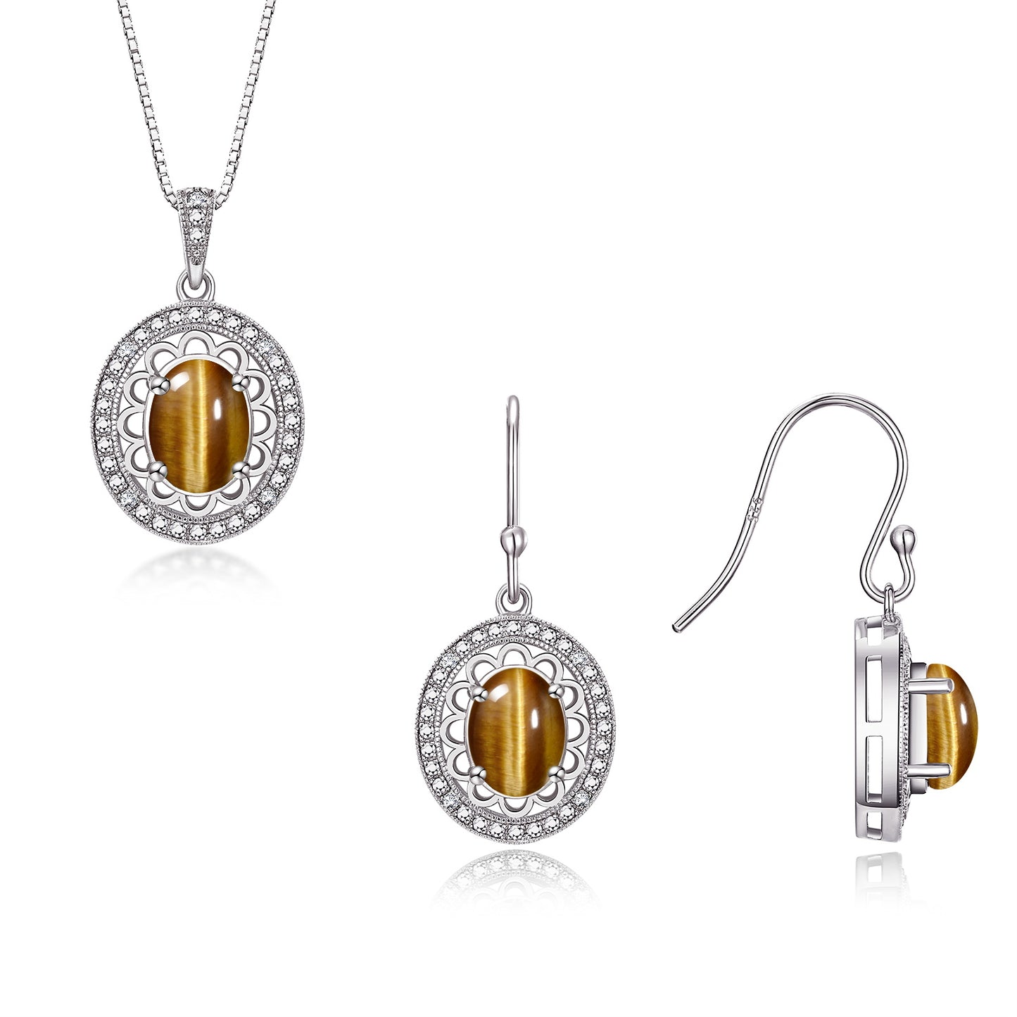 RYLOS Matching Jewelry Set Sterling Silver Princess Diana Inspired: Earrings & Pendant Necklace with 18" Chain. Gemstone & Diamonds, 8X6MM Birthstone