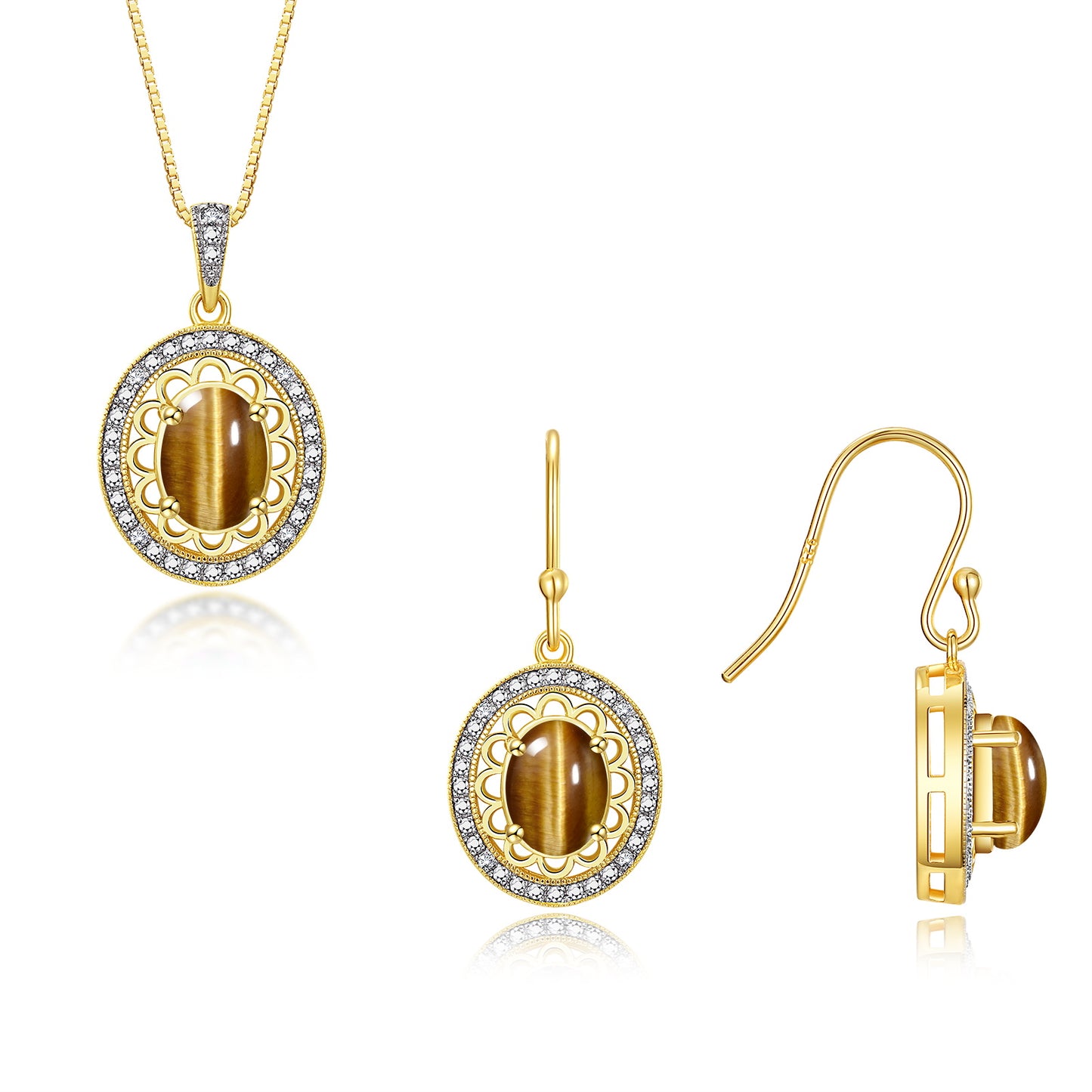 RYLOS Matching Jewelry Set Yellow Gold Plated Silver Princess Diana Inspired: Earrings & Pendant Necklace with 18" Chain. Gemstone & Diamonds, 8X6MM Birthstone