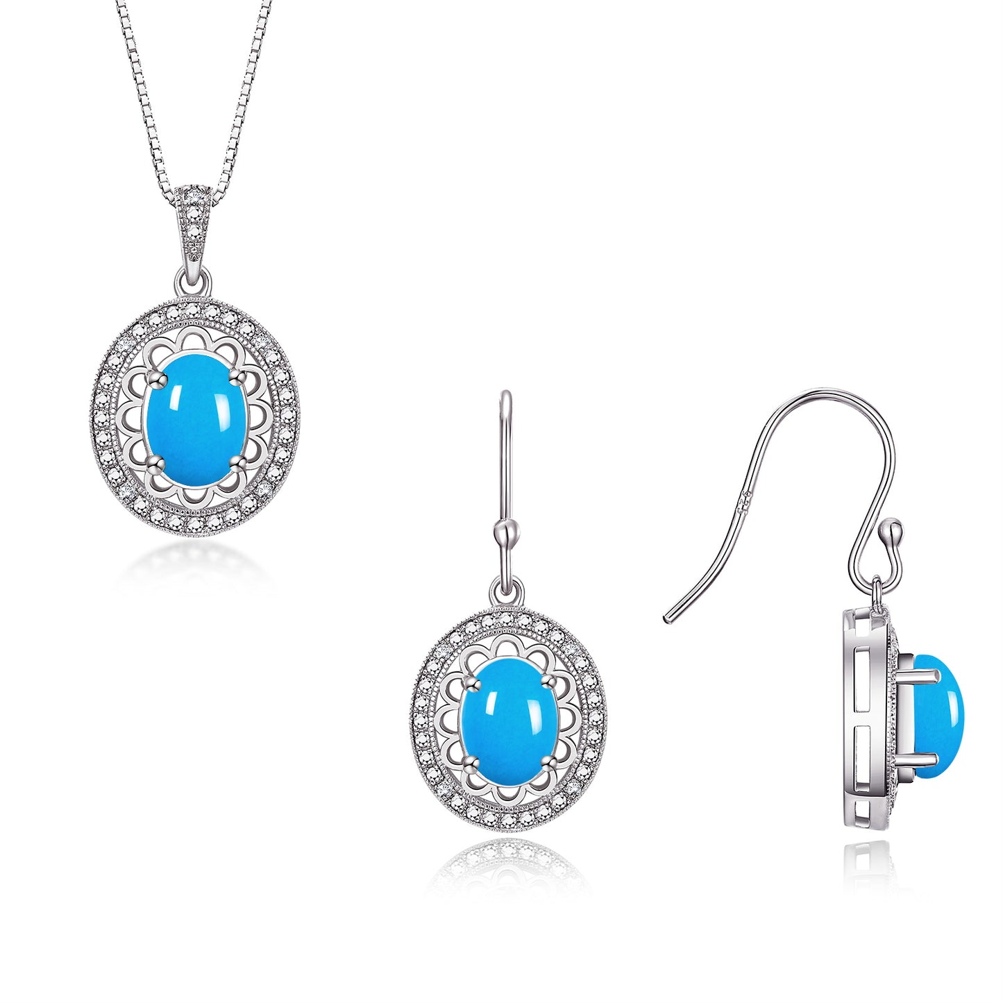 RYLOS Matching Jewelry Set 14K White Gold Princess Diana Inspired: Earrings & Pendant Necklace with 18" Chain. Gemstone & Diamonds, 8X6MM Birthstone