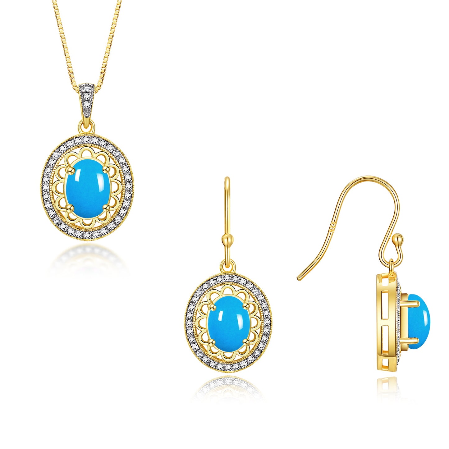 RYLOS Matching Jewelry Set Yellow Gold Plated Silver Princess Diana Inspired: Earrings & Pendant Necklace with 18" Chain. Gemstone & Diamonds, 8X6MM Birthstone