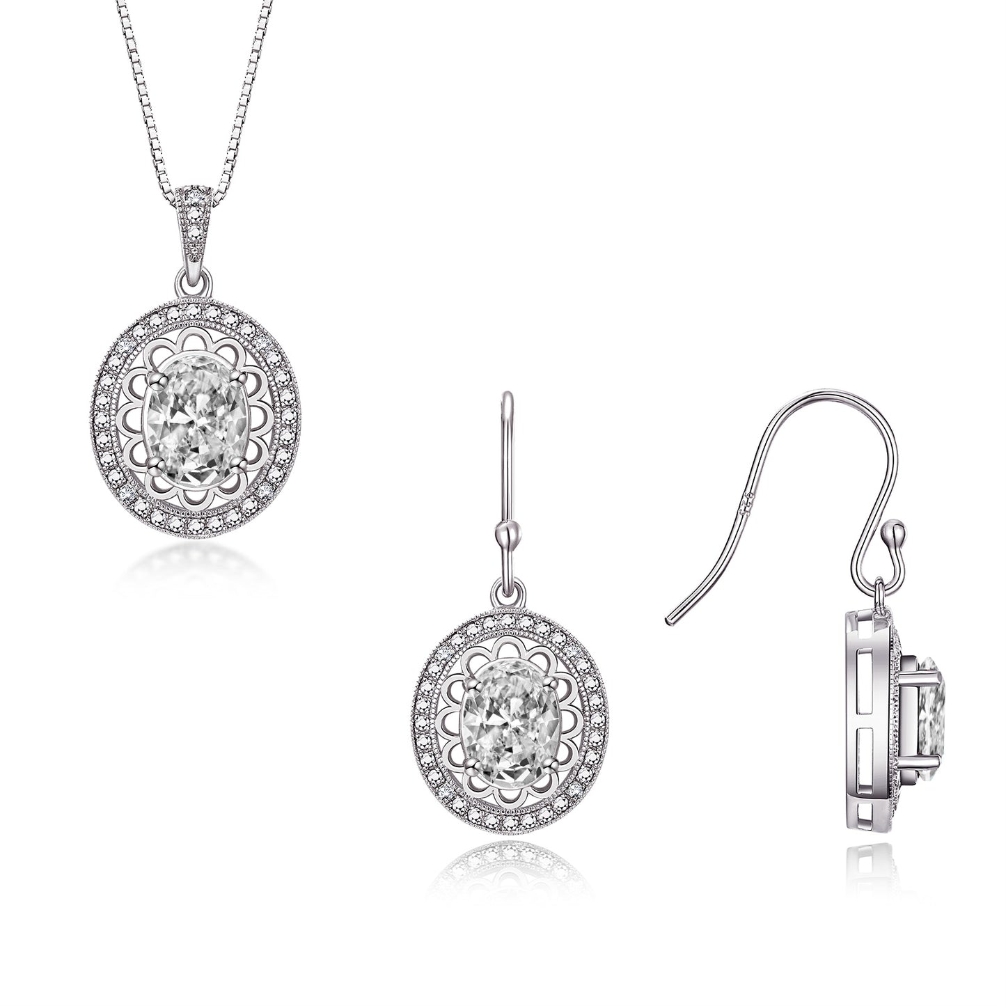 RYLOS Matching Jewelry Set 14K White Gold Princess Diana Inspired: Earrings & Pendant Necklace with 18" Chain. Gemstone & Diamonds, 8X6MM Birthstone