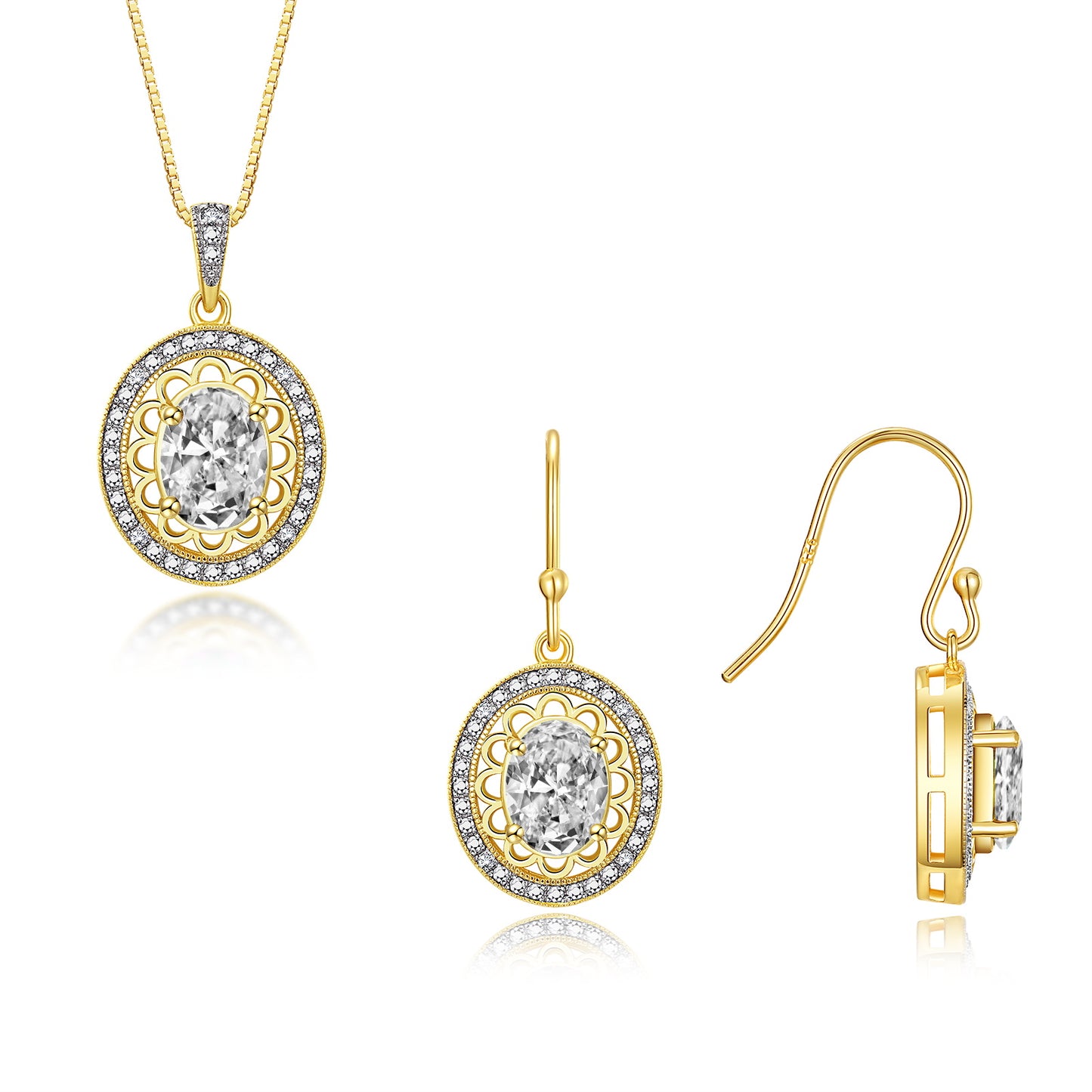 RYLOS Matching Jewelry Set Yellow Gold Plated Silver Princess Diana Inspired: Earrings & Pendant Necklace with 18" Chain. Gemstone & Diamonds, 8X6MM Birthstone