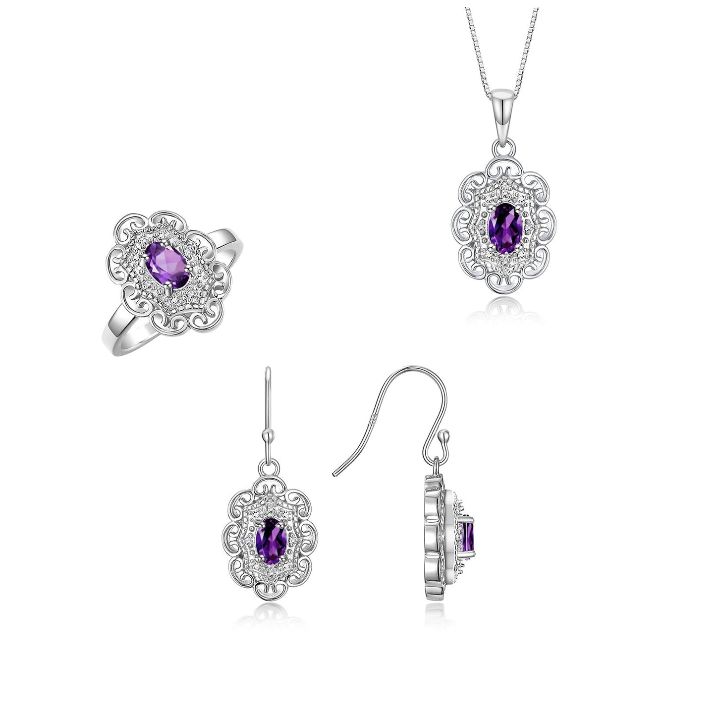 RYLOS Matching Jewelry Set Sterling Silver Floral Pattern Halo Pendant Necklace, Earrings & Matching Ring. Gemstone & Diamonds, 18" Chain. 6X4MM Birthstone; Sizes 5-10.