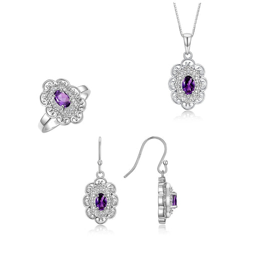 RYLOS Matching Jewelry Set Sterling Silver Floral Pattern Halo Pendant Necklace, Earrings & Matching Ring. Gemstone & Diamonds, 18" Chain. 6X4MM Birthstone; Sizes 5-10.