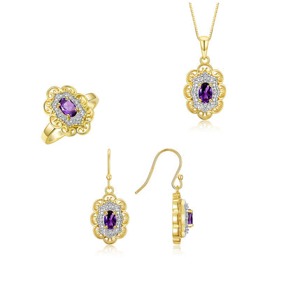 RYLOS Matching Jewelry Set Yellow Gold Plated Silver Floral Pattern Halo Pendant Necklace, Earrings & Matching Ring. Gemstone & Diamonds, 18" Chain. 6X4MM Birthstone; Sizes 5-10.