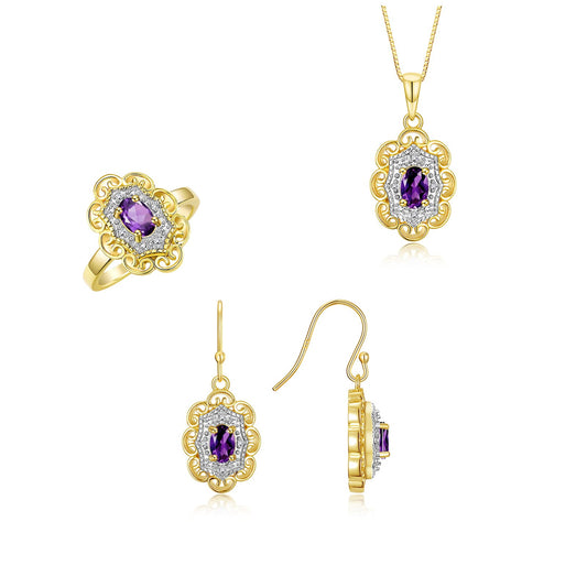 RYLOS Matching Jewelry Set Yellow Gold Plated Silver Floral Pattern Halo Pendant Necklace, Earrings & Matching Ring. Gemstone & Diamonds, 18" Chain. 6X4MM Birthstone; Sizes 5-10.