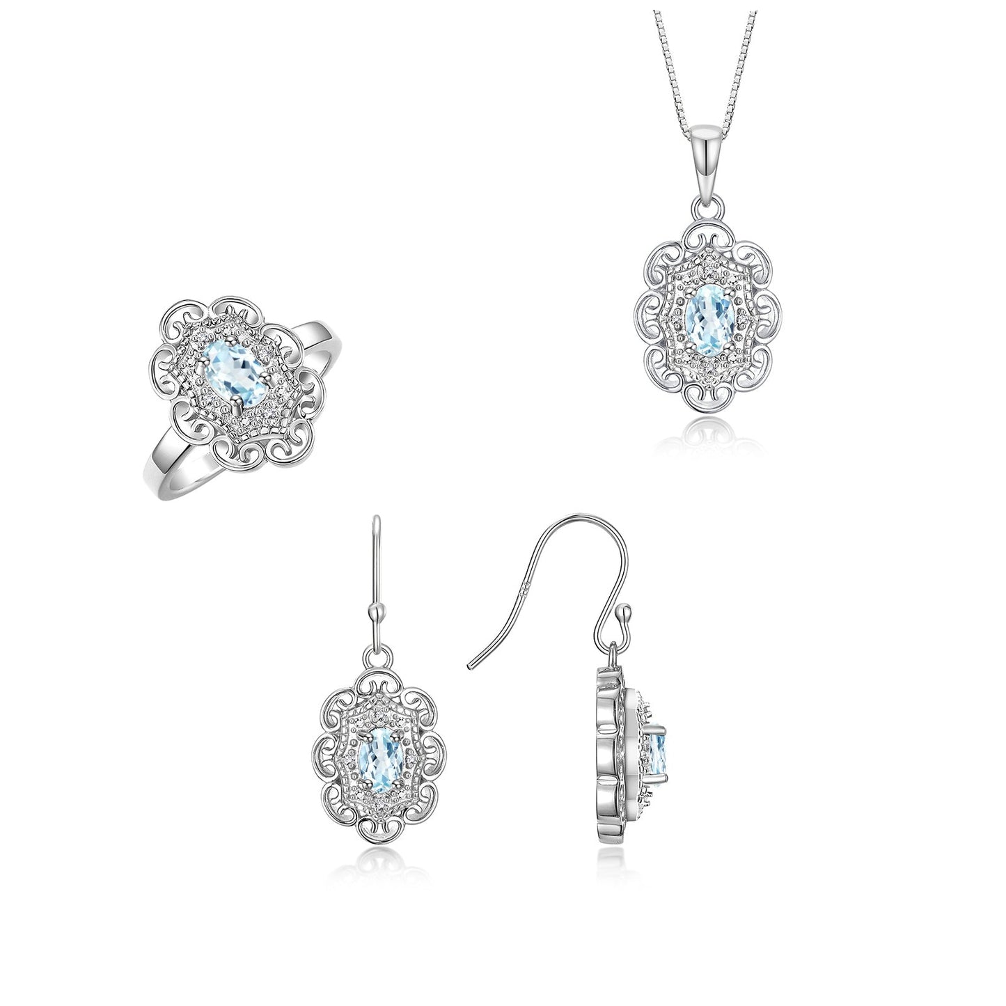 RYLOS Matching Jewelry Set 14K White Gold Floral Pattern Halo Pendant Necklace, Earrings & Matching Ring. Gemstone & Diamonds, 18" Chain. 6X4MM Birthstone; Sizes 5-10.