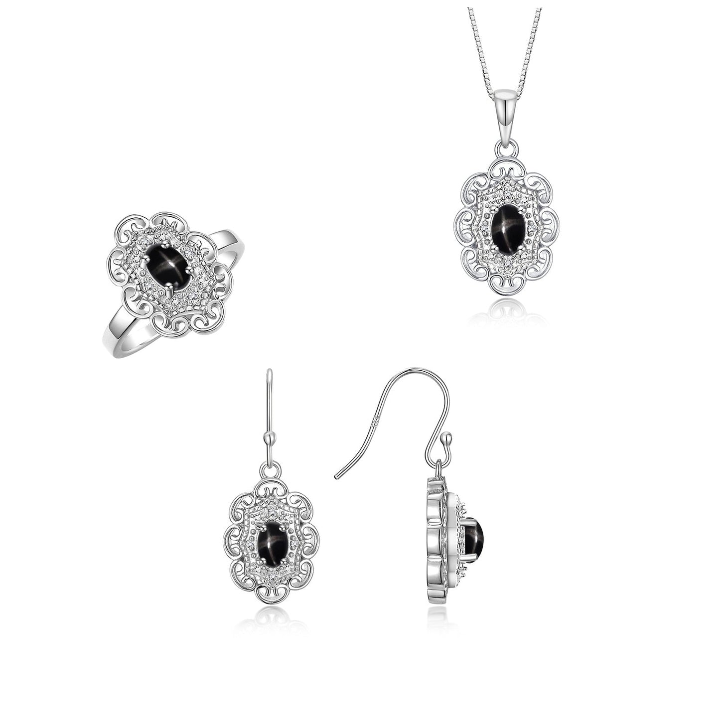 RYLOS Matching Jewelry Set 14K White Gold Floral Pattern Halo Pendant Necklace, Earrings & Matching Ring. Gemstone & Diamonds, 18" Chain. 6X4MM Birthstone; Sizes 5-10.