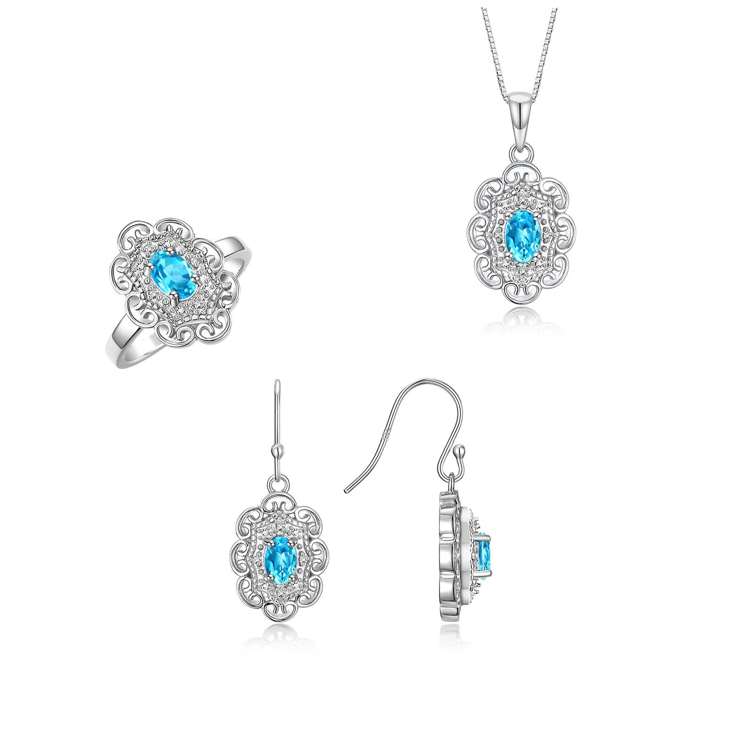 RYLOS Matching Jewelry Set 14K White Gold Floral Pattern Halo Pendant Necklace, Earrings & Matching Ring. Gemstone & Diamonds, 18" Chain. 6X4MM Birthstone; Sizes 5-10.