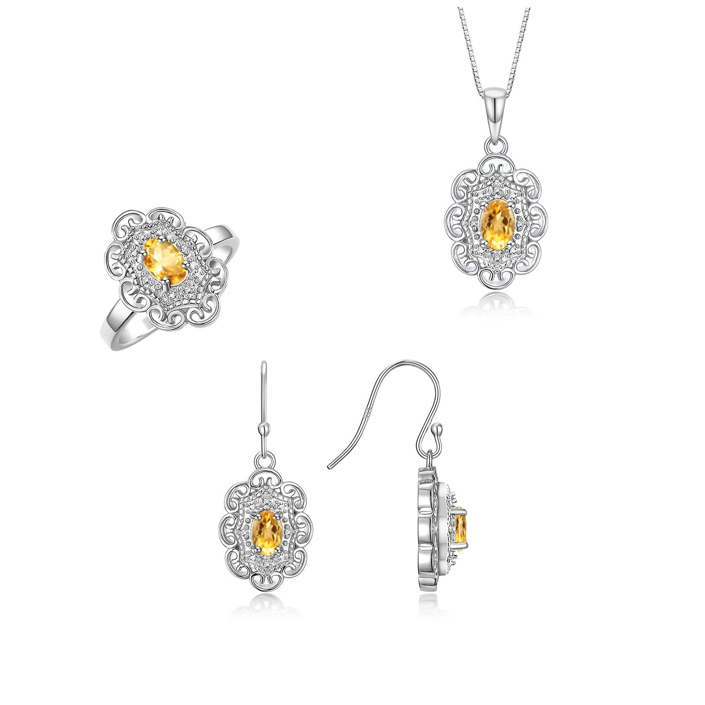 RYLOS Matching Jewelry Set Sterling Silver Floral Pattern Halo Pendant Necklace, Earrings & Matching Ring. Gemstone & Diamonds, 18" Chain. 6X4MM Birthstone; Sizes 5-10.