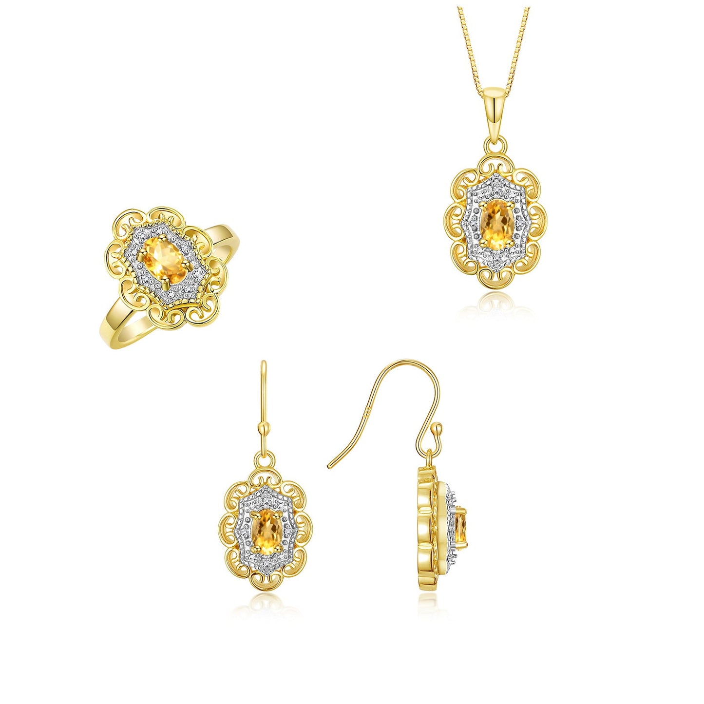 RYLOS Matching Jewelry Set 14K Yellow Gold Floral Pattern Halo Pendant Necklace, Earrings & Matching Ring. Gemstone & Diamonds, 18" Chain. 6X4MM Birthstone; Sizes 5-10.