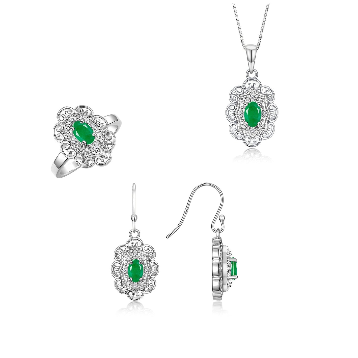RYLOS Matching Jewelry Set Sterling Silver Floral Pattern Halo Pendant Necklace, Earrings & Matching Ring. Gemstone & Diamonds, 18" Chain. 6X4MM Birthstone; Sizes 5-10.