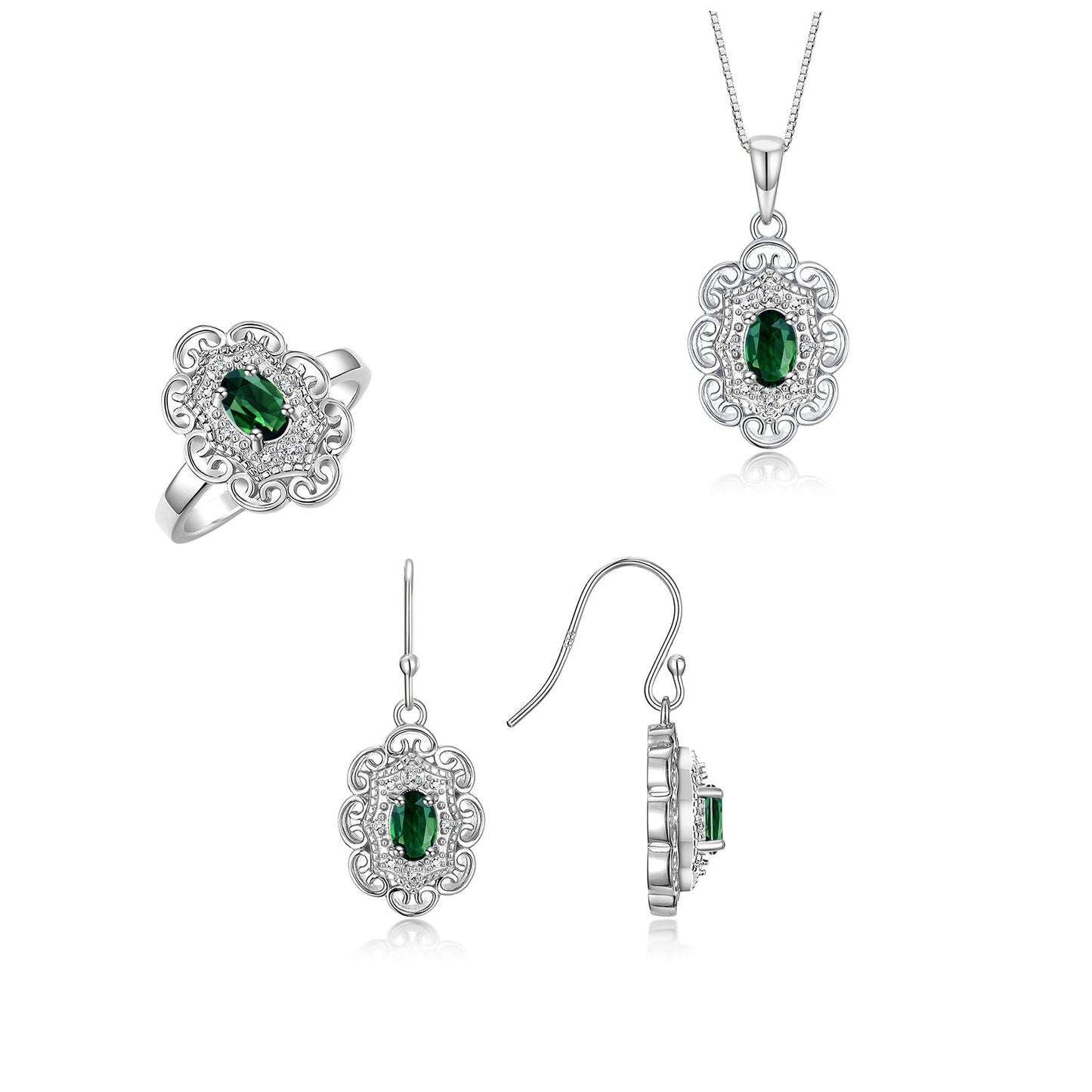 RYLOS Matching Jewelry Set 14K White Gold Floral Pattern Halo Pendant Necklace, Earrings & Matching Ring. Gemstone & Diamonds, 18" Chain. 6X4MM Birthstone; Sizes 5-10.