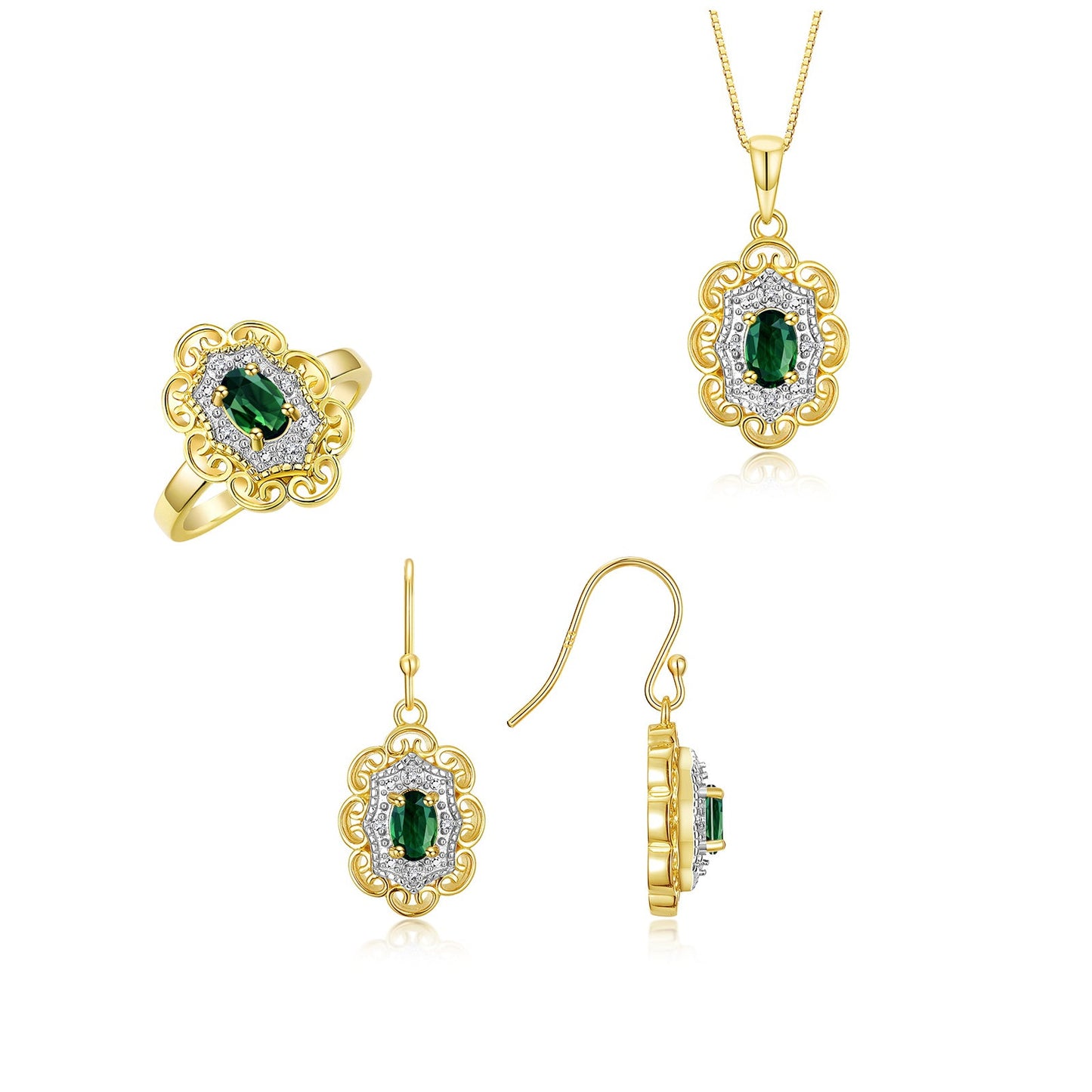 RYLOS Matching Jewelry Set 14K Yellow Gold Floral Pattern Halo Pendant Necklace, Earrings & Matching Ring. Gemstone & Diamonds, 18" Chain. 6X4MM Birthstone; Sizes 5-10.
