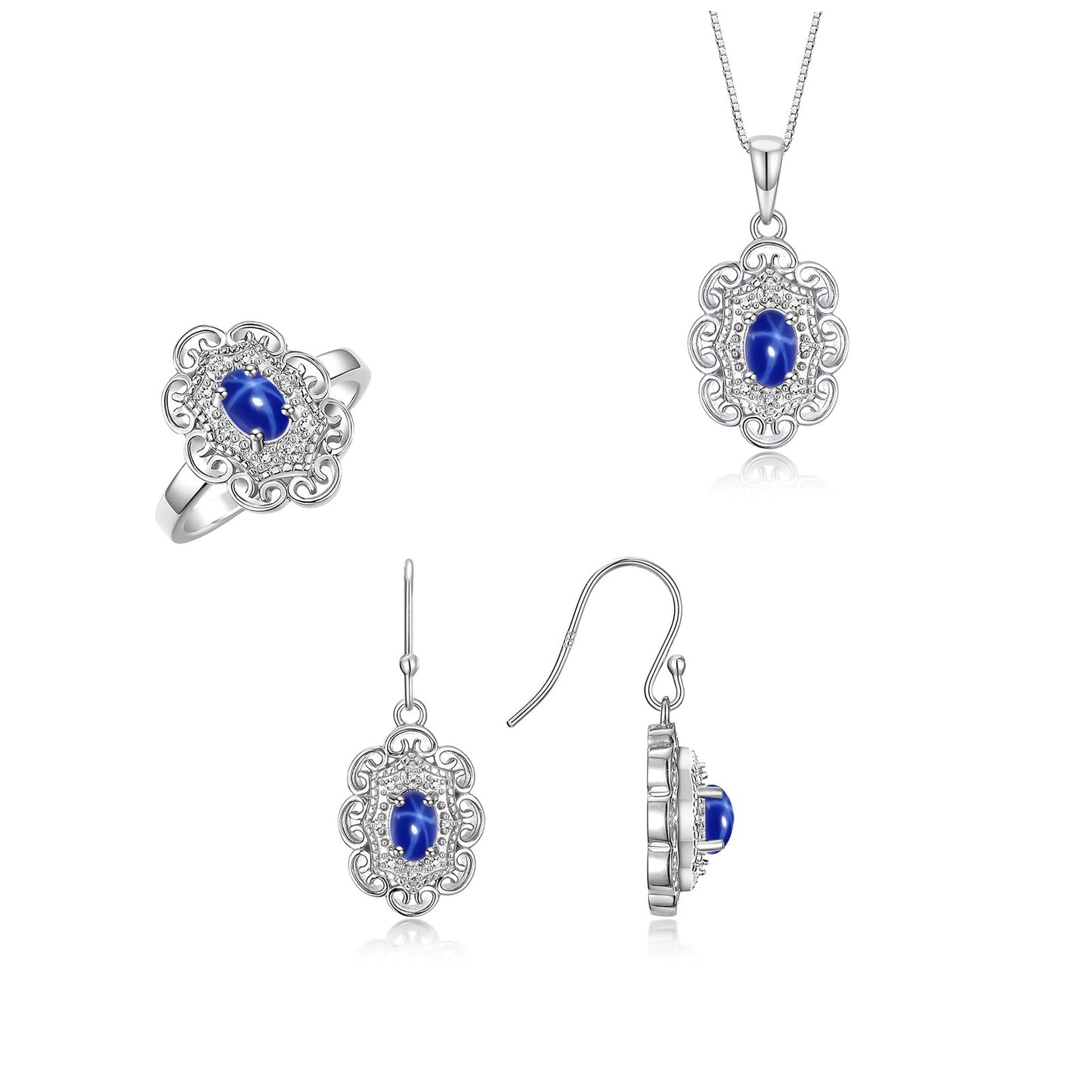 RYLOS Matching Jewelry Set 14K White Gold Floral Pattern Halo Pendant Necklace, Earrings & Matching Ring. Gemstone & Diamonds, 18" Chain. 6X4MM Birthstone; Sizes 5-10.