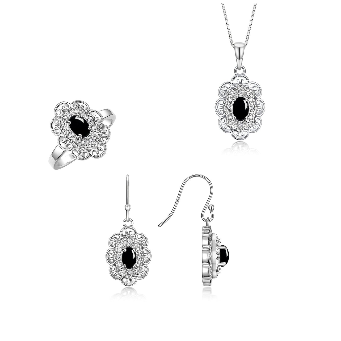 RYLOS Matching Jewelry Set 14K White Gold Floral Pattern Halo Pendant Necklace, Earrings & Matching Ring. Gemstone & Diamonds, 18" Chain. 6X4MM Birthstone; Sizes 5-10.