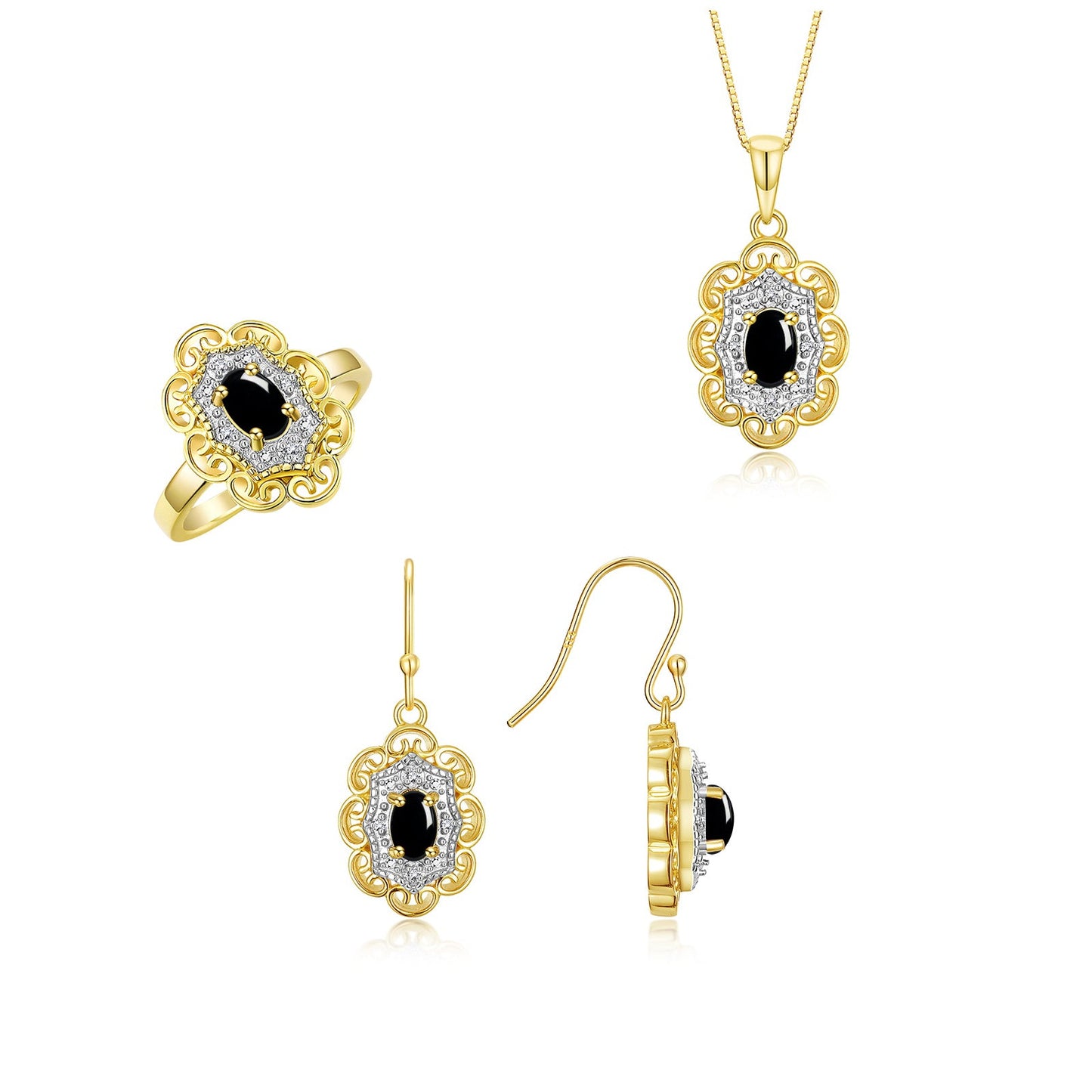 RYLOS Matching Jewelry Set Yellow Gold Plated Silver Floral Pattern Halo Pendant Necklace, Earrings & Matching Ring. Gemstone & Diamonds, 18" Chain. 6X4MM Birthstone; Sizes 5-10.