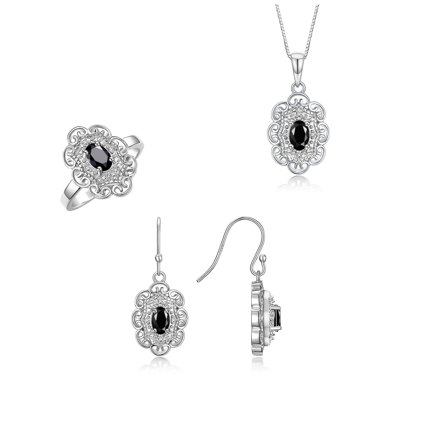 RYLOS Matching Jewelry Set Sterling Silver Floral Pattern Halo Pendant Necklace, Earrings & Matching Ring. Gemstone & Diamonds, 18" Chain. 6X4MM Birthstone; Sizes 5-10.