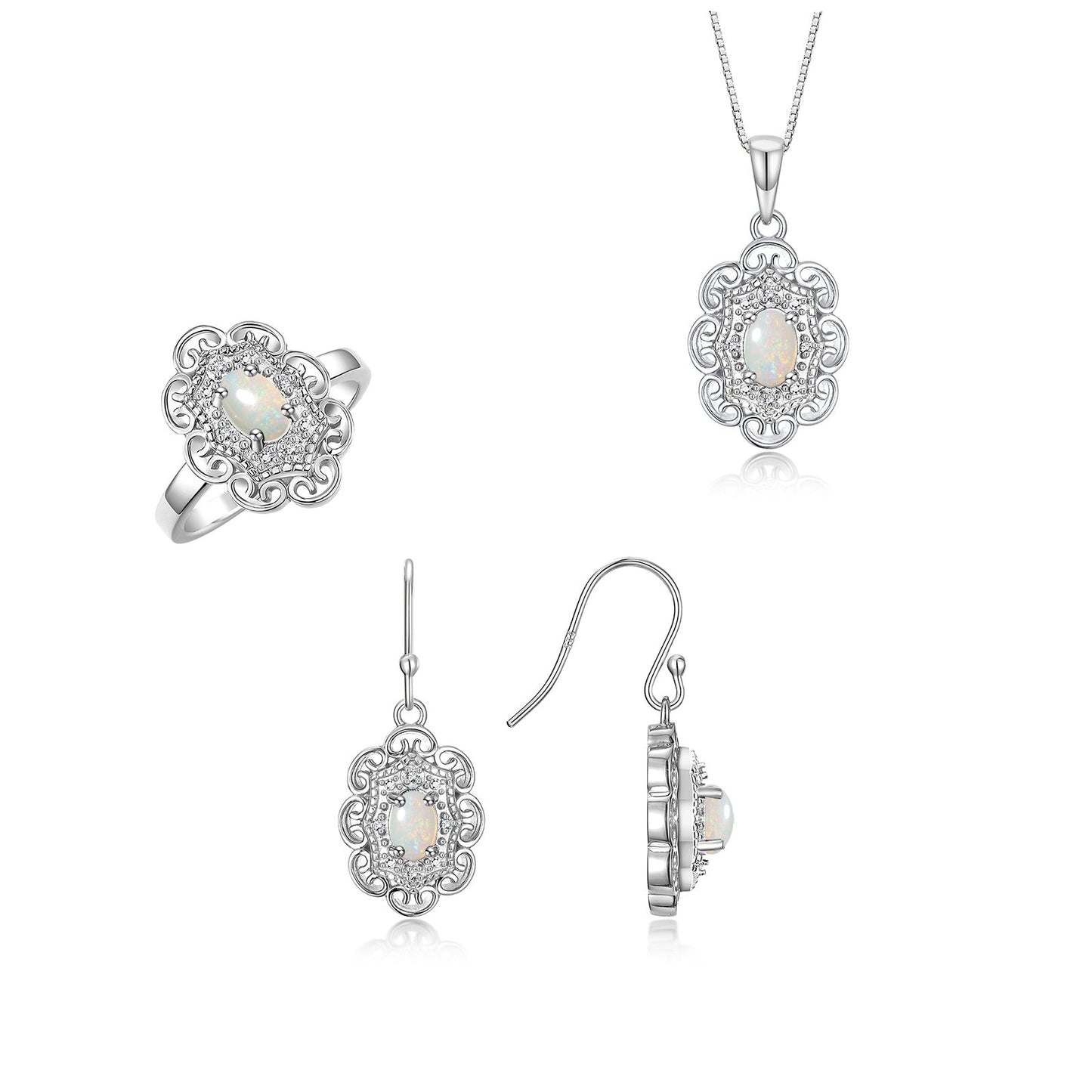 RYLOS Matching Jewelry Set Sterling Silver Floral Pattern Halo Pendant Necklace, Earrings & Matching Ring. Gemstone & Diamonds, 18" Chain. 6X4MM Birthstone; Sizes 5-10.