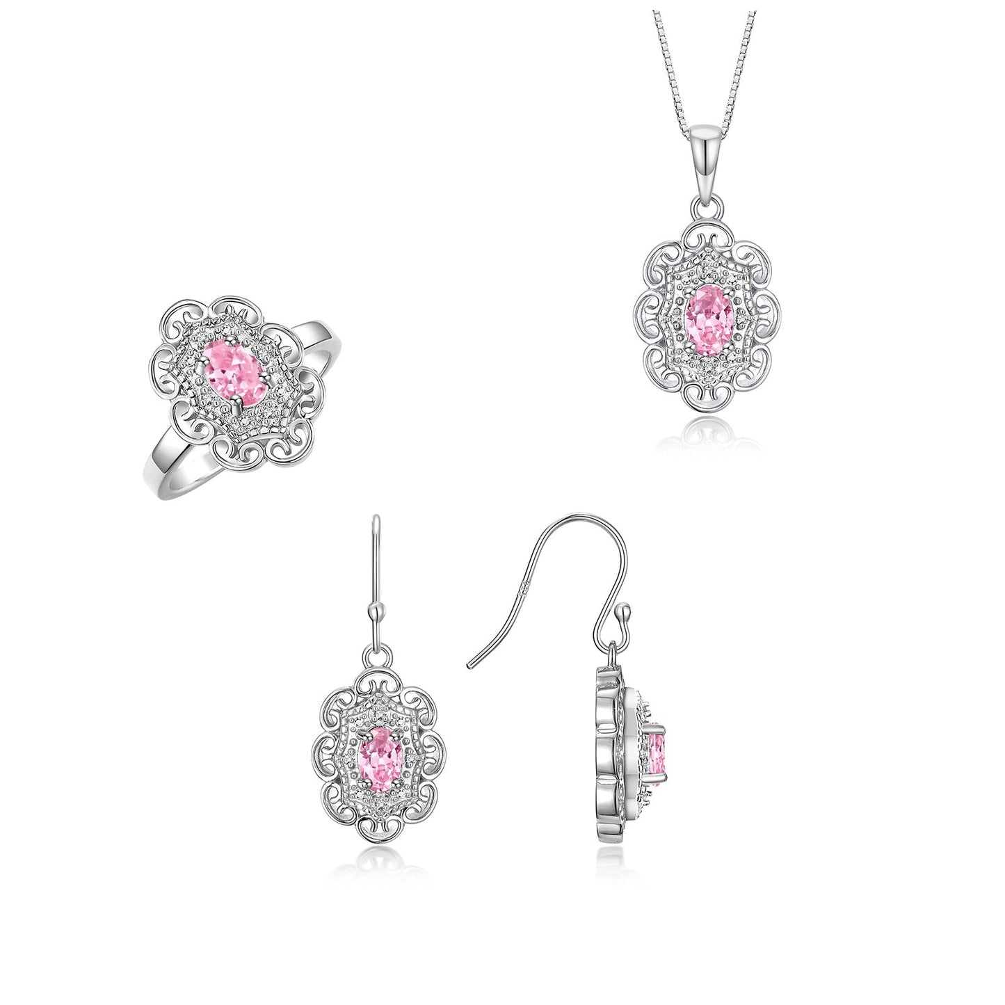 RYLOS Matching Jewelry Set Sterling Silver Floral Pattern Halo Pendant Necklace, Earrings & Matching Ring. Gemstone & Diamonds, 18" Chain. 6X4MM Birthstone; Sizes 5-10.