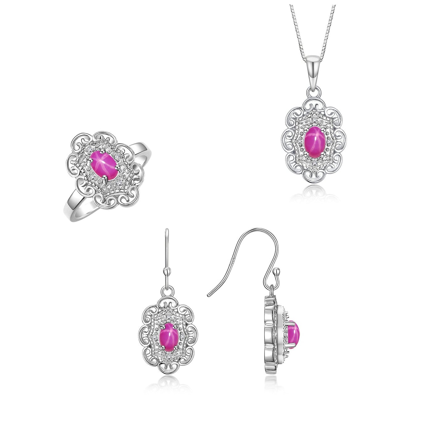RYLOS Matching Jewelry Set 14K White Gold Floral Pattern Halo Pendant Necklace, Earrings & Matching Ring. Gemstone & Diamonds, 18" Chain. 6X4MM Birthstone; Sizes 5-10.