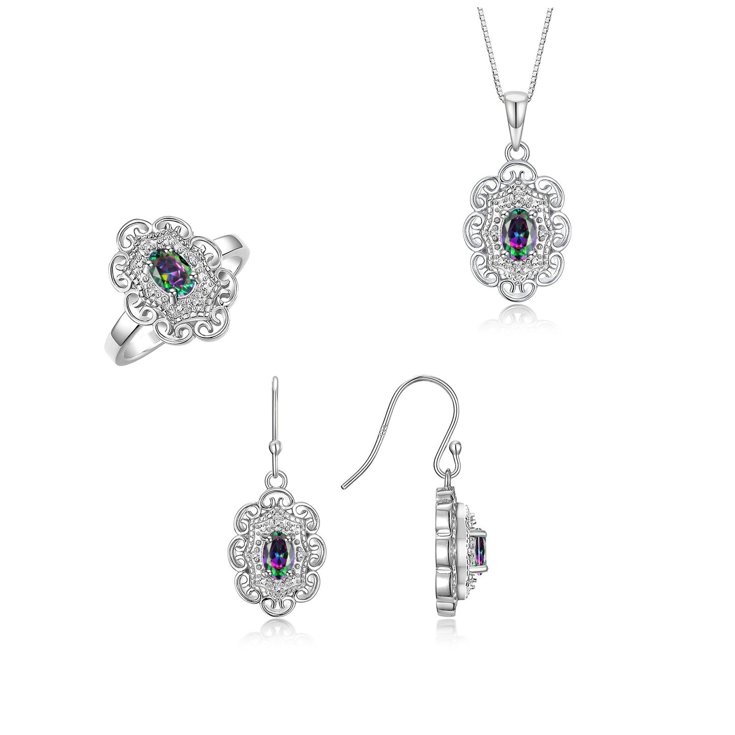 RYLOS Matching Jewelry Set 14K White Gold Floral Pattern Halo Pendant Necklace, Earrings & Matching Ring. Gemstone & Diamonds, 18" Chain. 6X4MM Birthstone; Sizes 5-10.