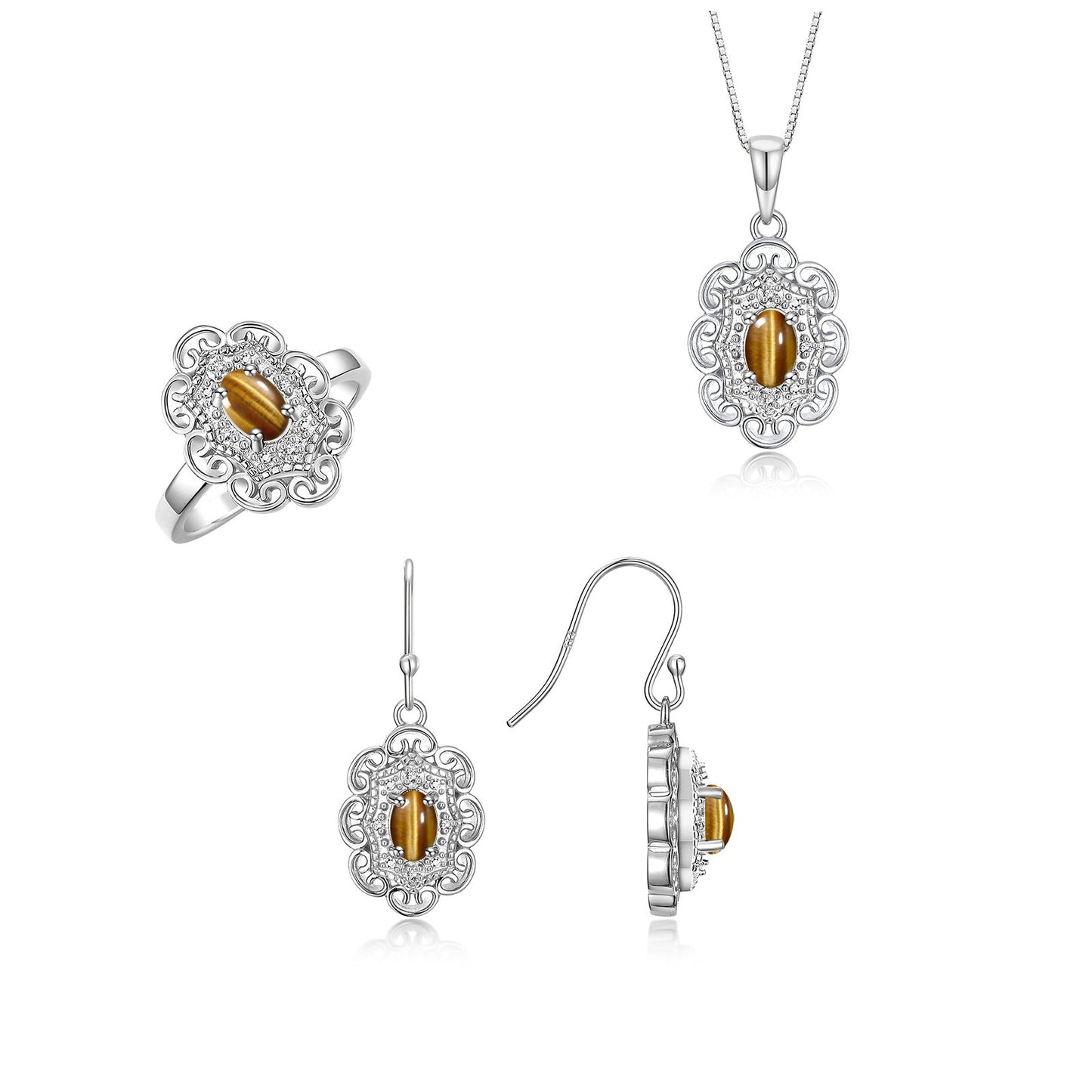 RYLOS Matching Jewelry Set 14K White Gold Floral Pattern Halo Pendant Necklace, Earrings & Matching Ring. Gemstone & Diamonds, 18" Chain. 6X4MM Birthstone; Sizes 5-10.