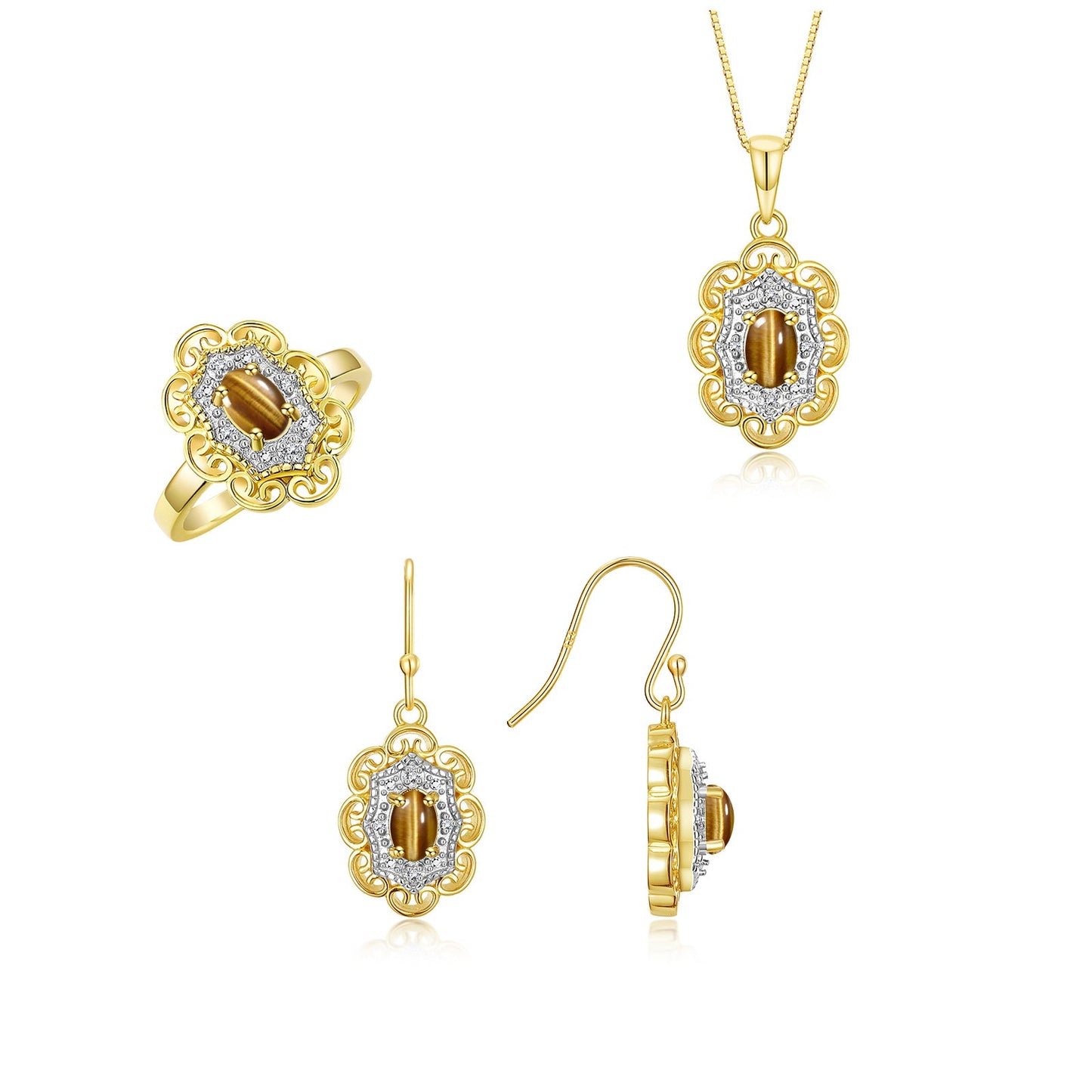 RYLOS Matching Jewelry Set 14K Yellow Gold Floral Pattern Halo Pendant Necklace, Earrings & Matching Ring. Gemstone & Diamonds, 18" Chain. 6X4MM Birthstone; Sizes 5-10.
