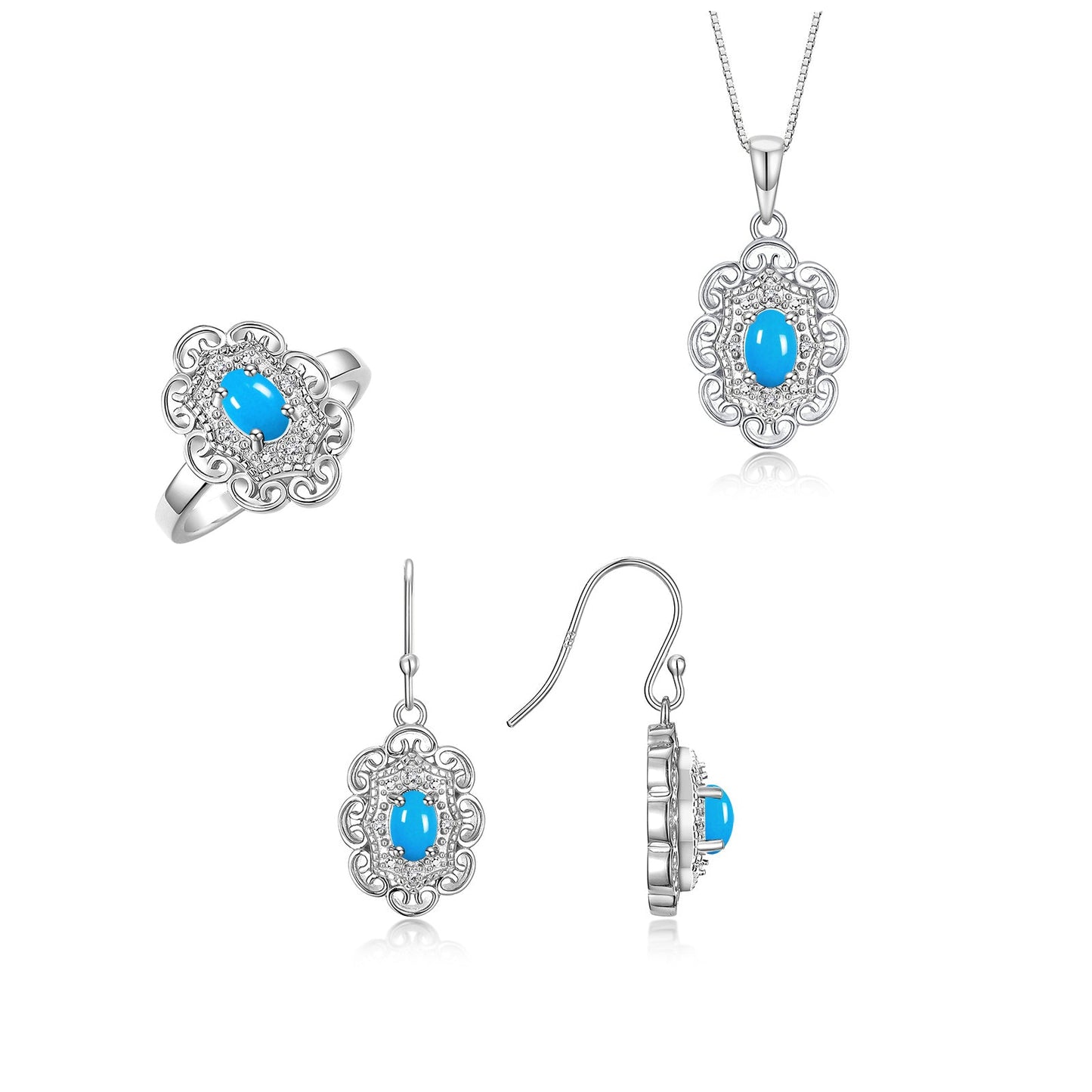 RYLOS Matching Jewelry Set Sterling Silver Floral Pattern Halo Pendant Necklace, Earrings & Matching Ring. Gemstone & Diamonds, 18" Chain. 6X4MM Birthstone; Sizes 5-10.