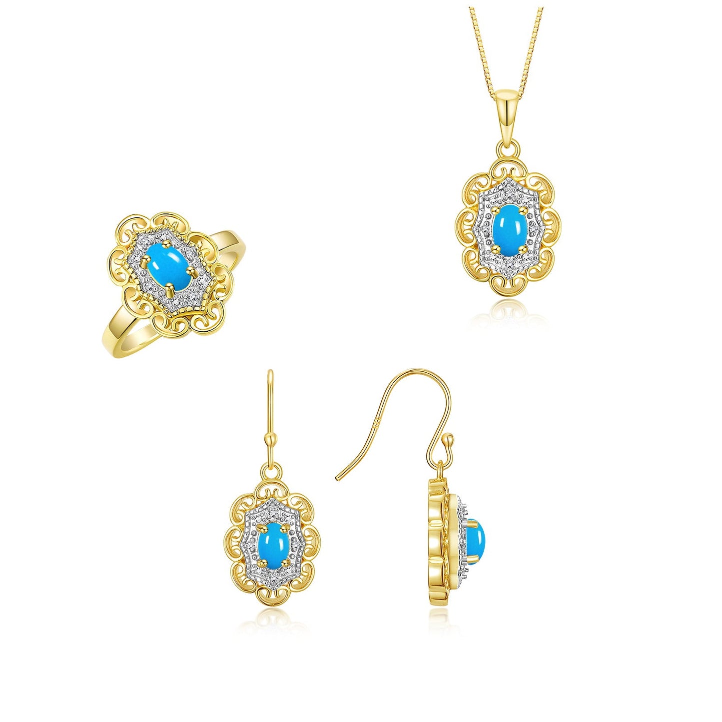 RYLOS Matching Jewelry Set 14K Yellow Gold Floral Pattern Halo Pendant Necklace, Earrings & Matching Ring. Gemstone & Diamonds, 18" Chain. 6X4MM Birthstone; Sizes 5-10.