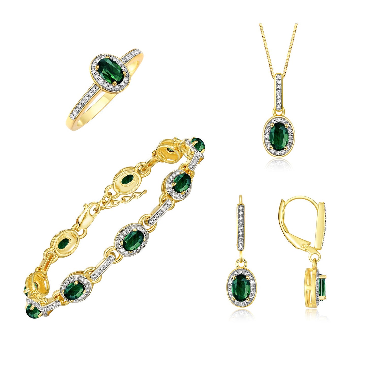 RYLOS Matching Jewelry: Yellow Gold Plated Silver Halo Designer Tennis Bracelet, Earrings, Ring & Necklace. Gemstone & Diamonds, 7"-8" Adjustable Wrist, 18" Chain, 6x4MM Birthstone