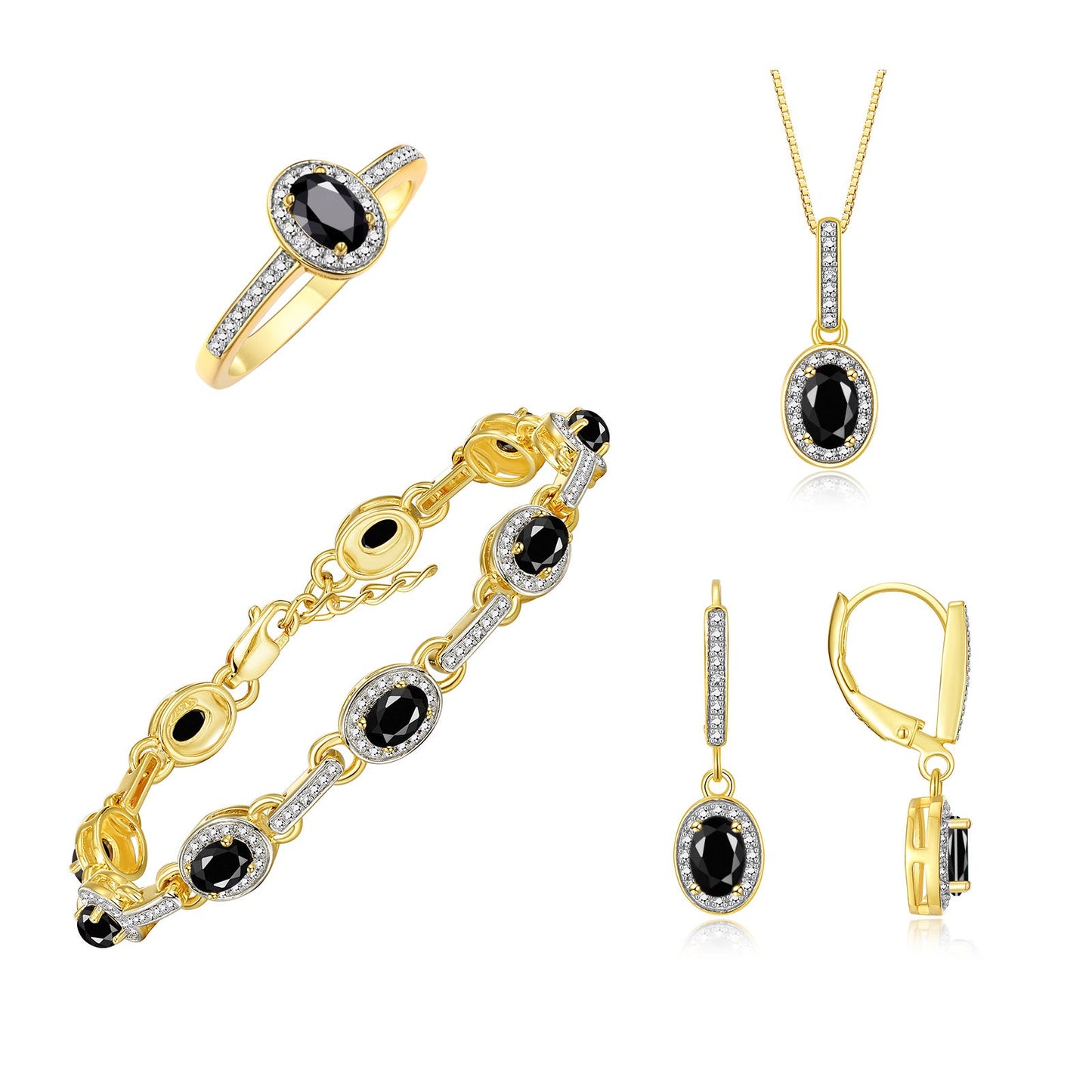 RYLOS Matching Jewelry: Yellow Gold Plated Silver Halo Designer Tennis Bracelet, Earrings, Ring & Necklace. Gemstone & Diamonds, 7"-8" Adjustable Wrist, 18" Chain, 6x4MM Birthstone