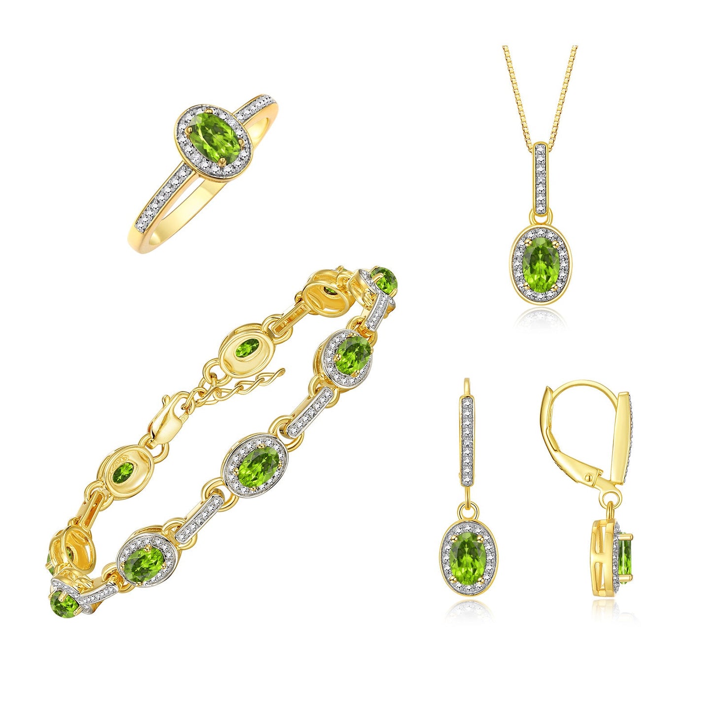 RYLOS Matching Jewelry: Yellow Gold Plated Silver Halo Designer Tennis Bracelet, Earrings, Ring & Necklace. Gemstone & Diamonds, 7"-8" Adjustable Wrist, 18" Chain, 6x4MM Birthstone