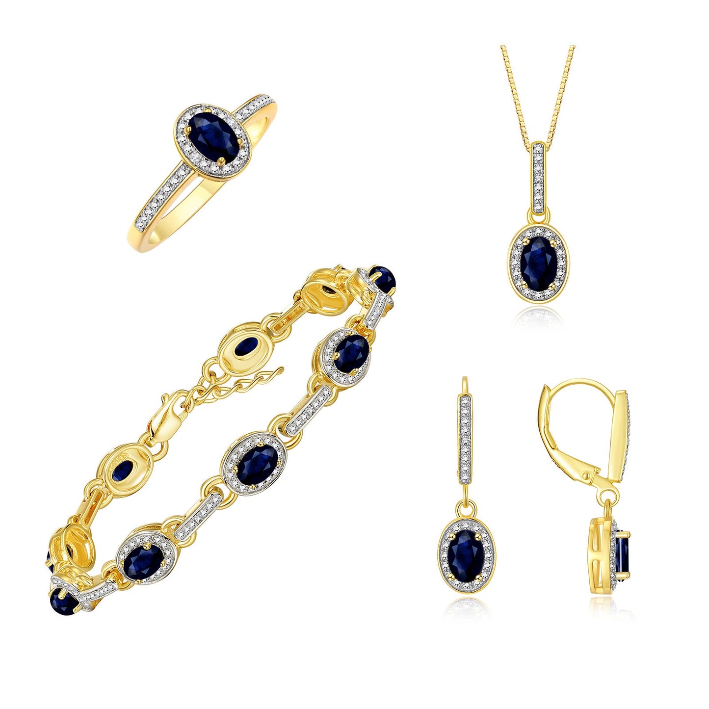 RYLOS Matching Jewelry: Yellow Gold Plated Silver Halo Designer Tennis Bracelet, Earrings, Ring & Necklace. Gemstone & Diamonds, 7"-8" Adjustable Wrist, 18" Chain, 6x4MM Birthstone