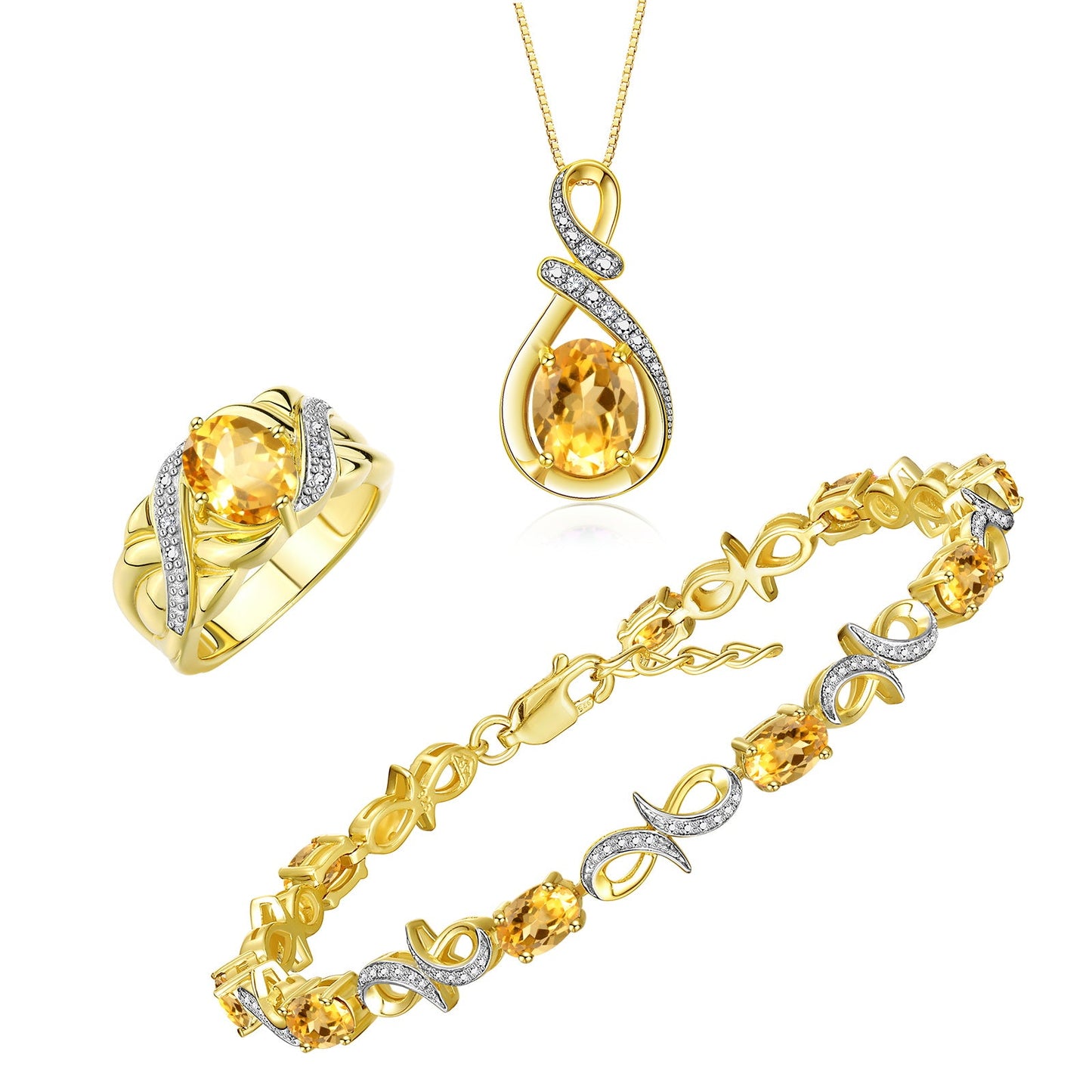 RYLOS Matching Jewelry Yellow Gold Plated Silver Love Knot Set: Tennis Bracelet, Ring & Necklace. Gemstone & Diamonds, 7"-8" Wrist & 18" Chain, 9X7MM & 6X4MM Birthstone; Sizes 5-10