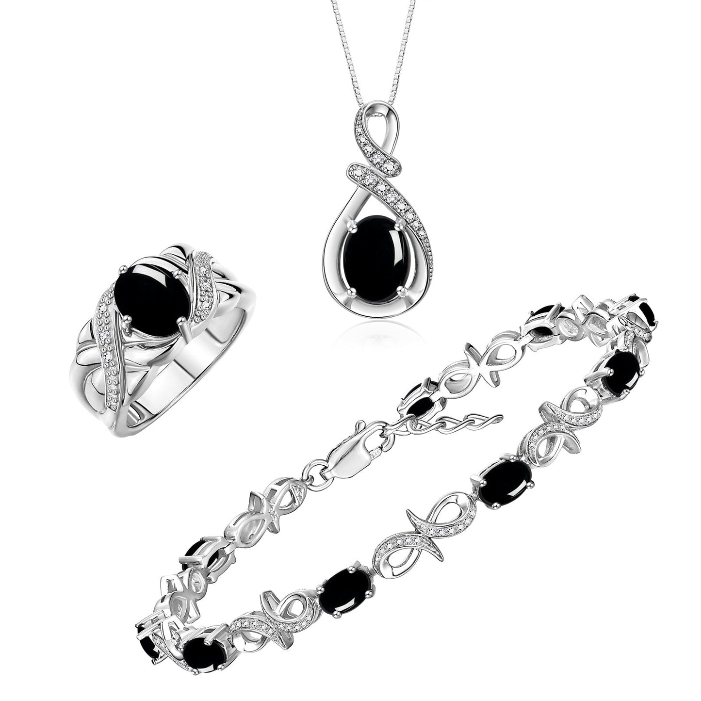 RYLOS Matching Jewelry Sterling Silver Love Knot Set: Tennis Bracelet, Ring & Necklace. Gemstone & Diamonds, 7"-8" Wrist & 18" Chain, 9X7MM & 6X4MM Birthstone; Sizes 5-10