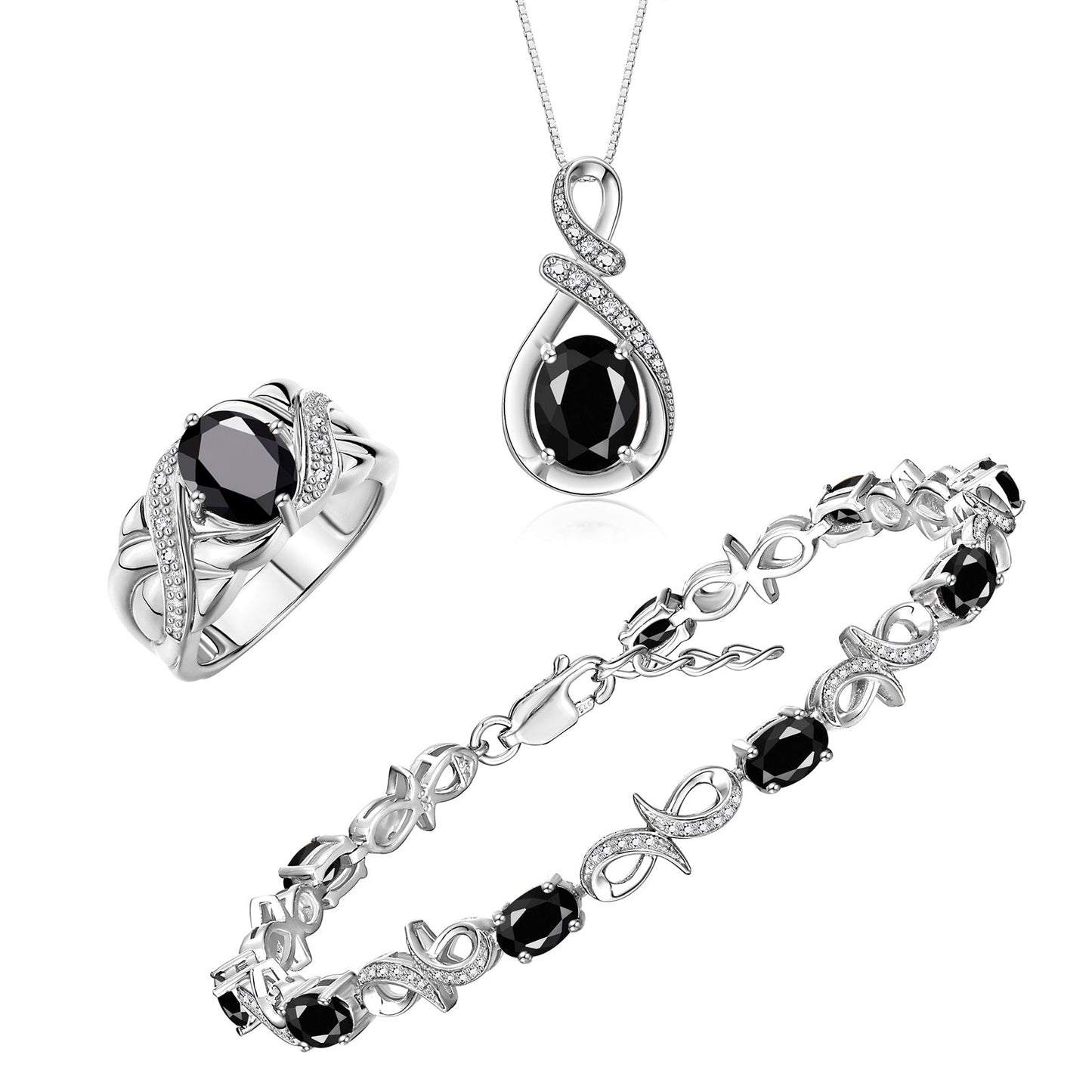 RYLOS Matching Jewelry Sterling Silver Love Knot Set: Tennis Bracelet, Ring & Necklace. Gemstone & Diamonds, 7"-8" Wrist & 18" Chain, 9X7MM & 6X4MM Birthstone; Sizes 5-10